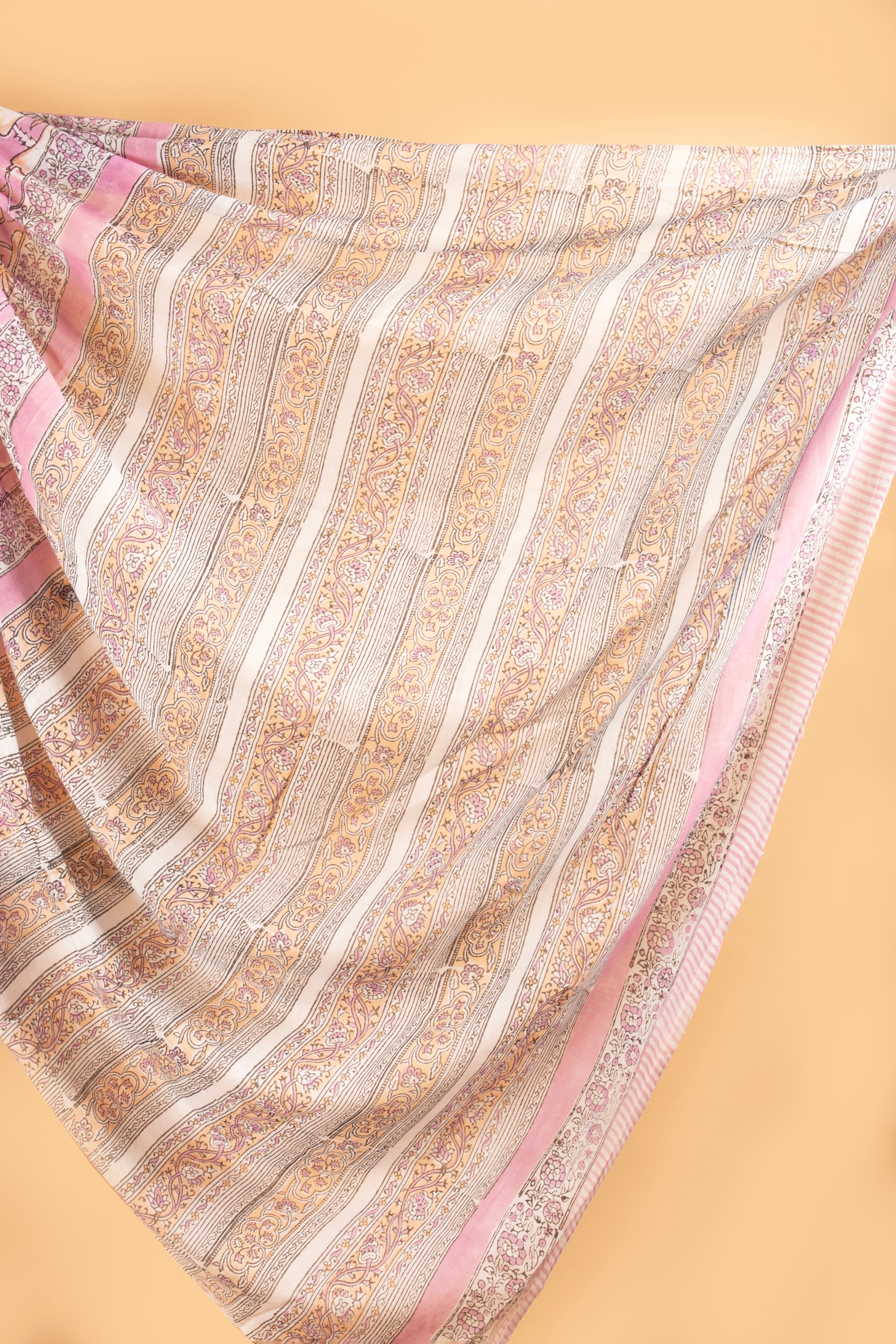 Pink and white floral hand block print saree