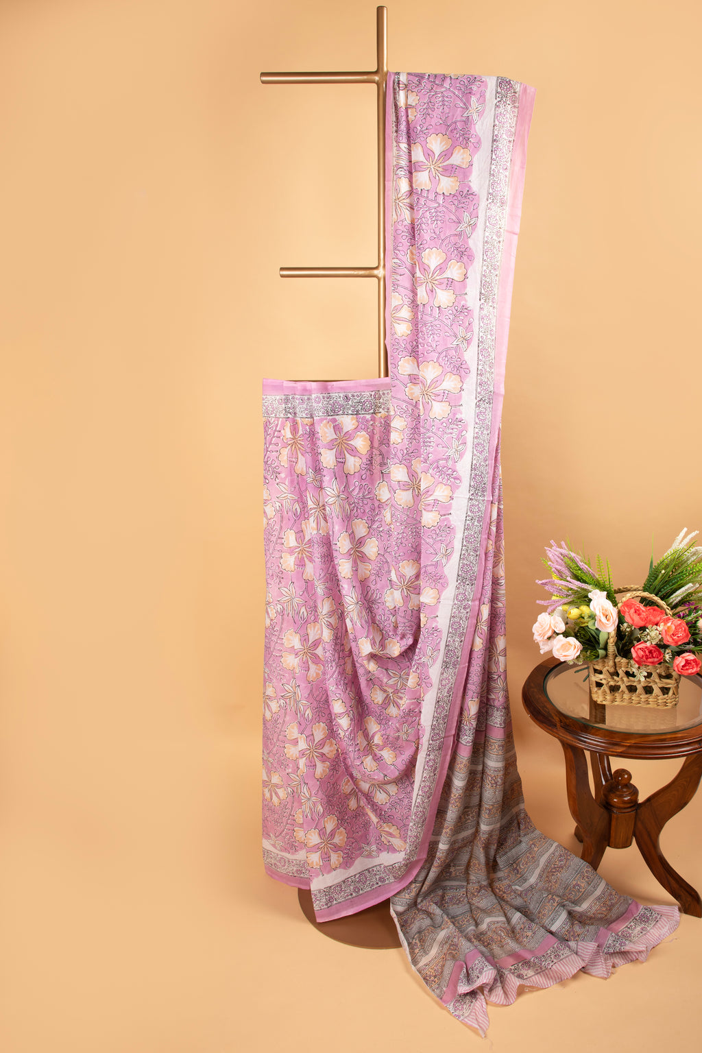 Pink and white floral hand block print saree