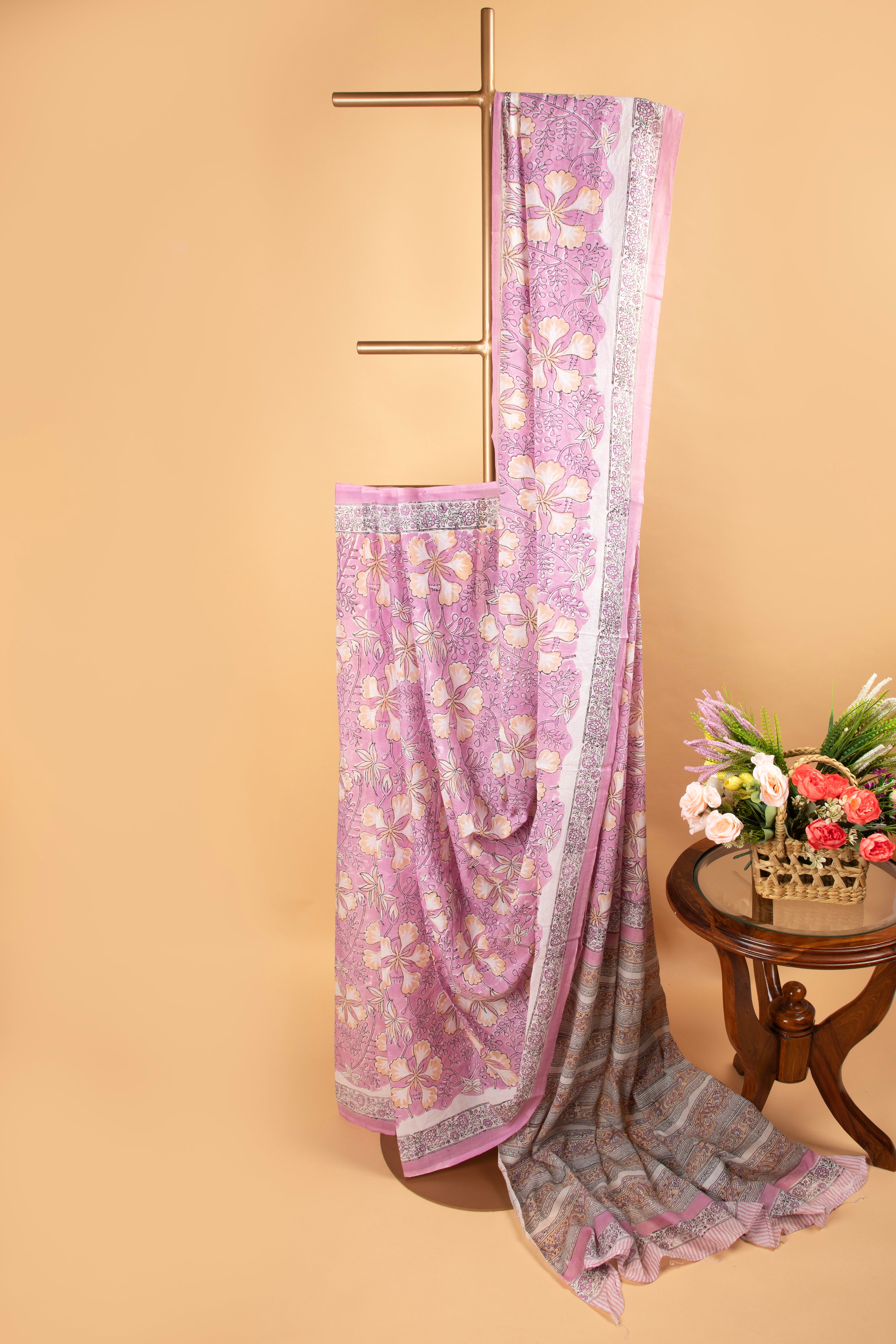 Pink and white floral hand block print saree