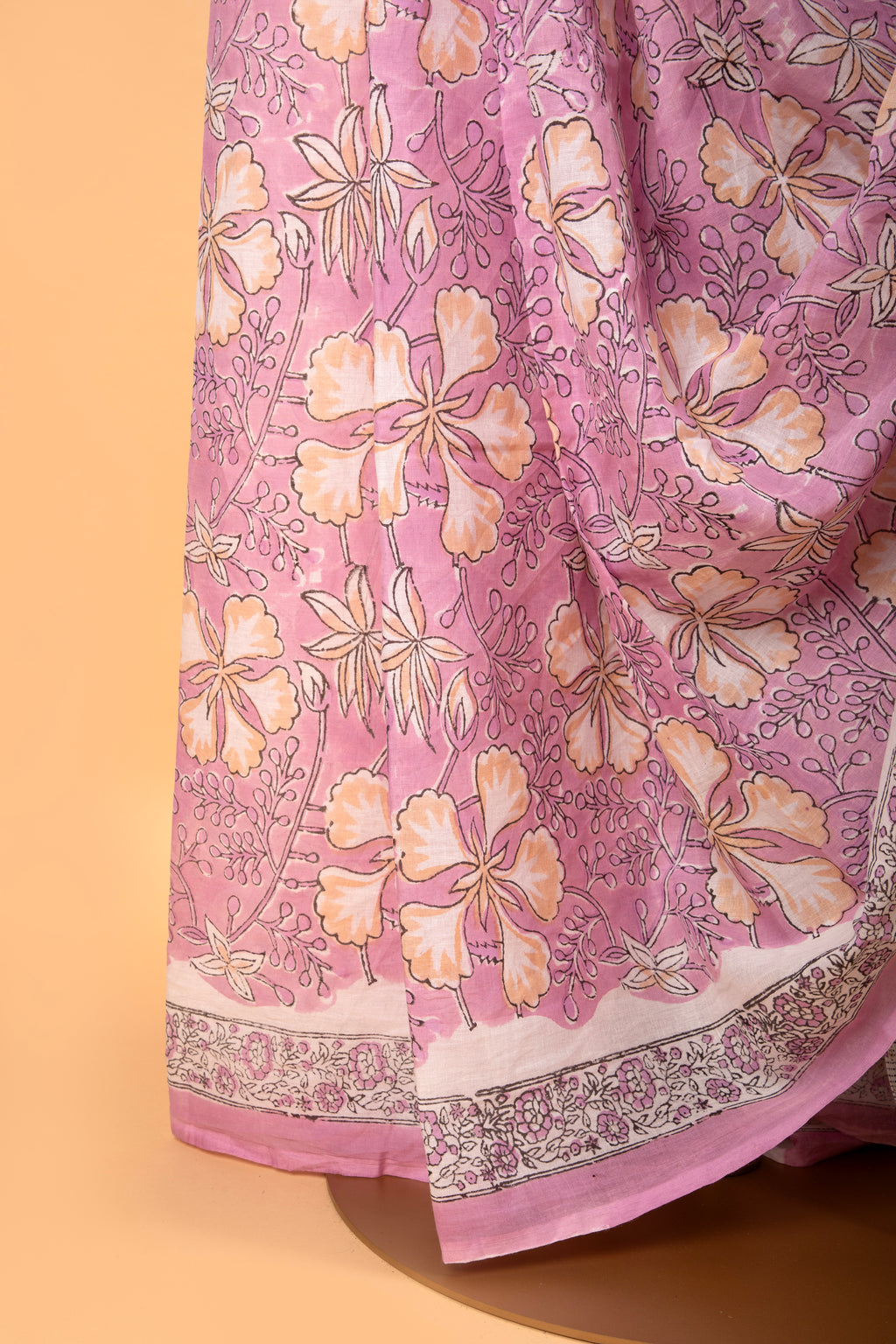 Pink and white floral hand block print saree
