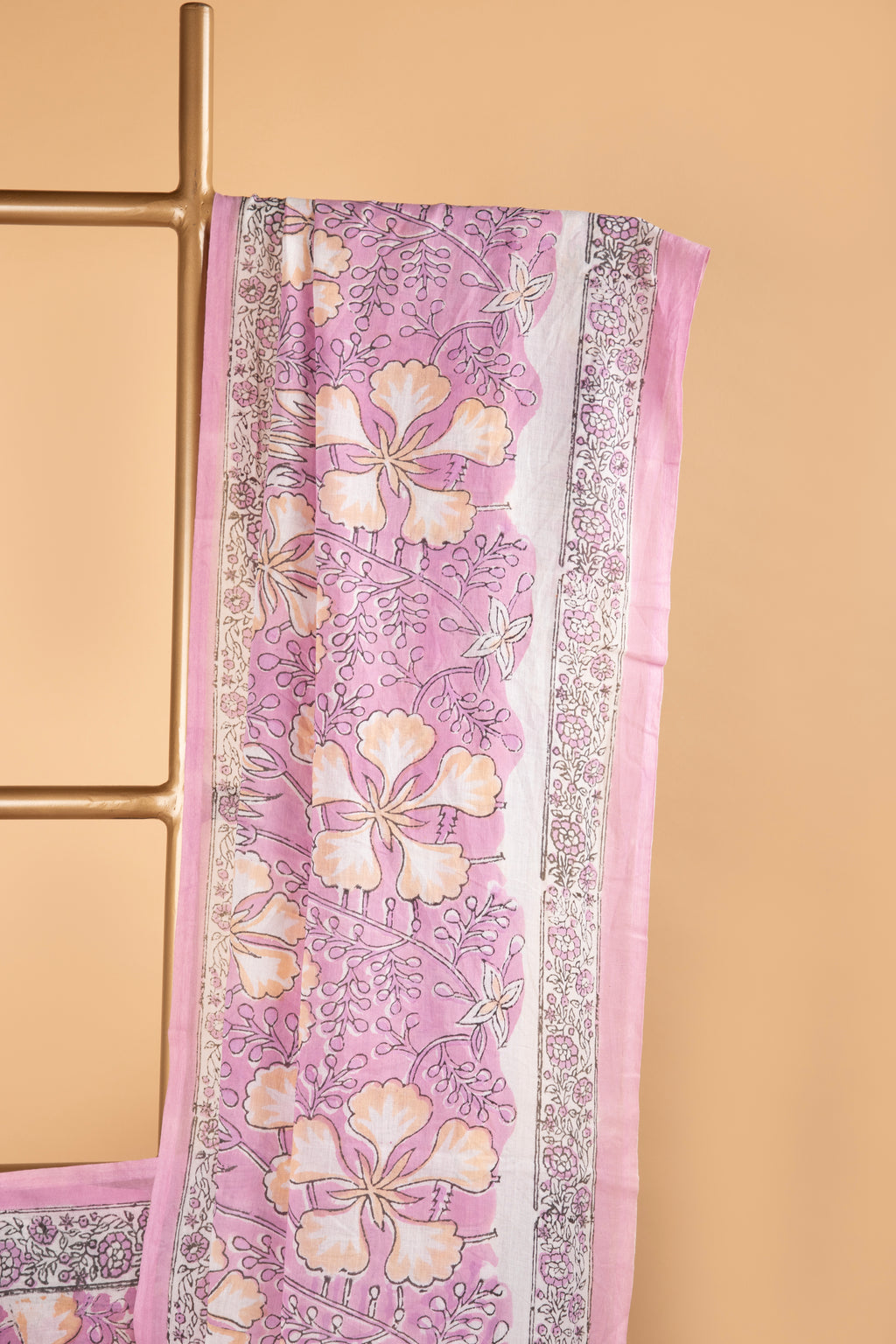 Pink and white floral hand block print saree