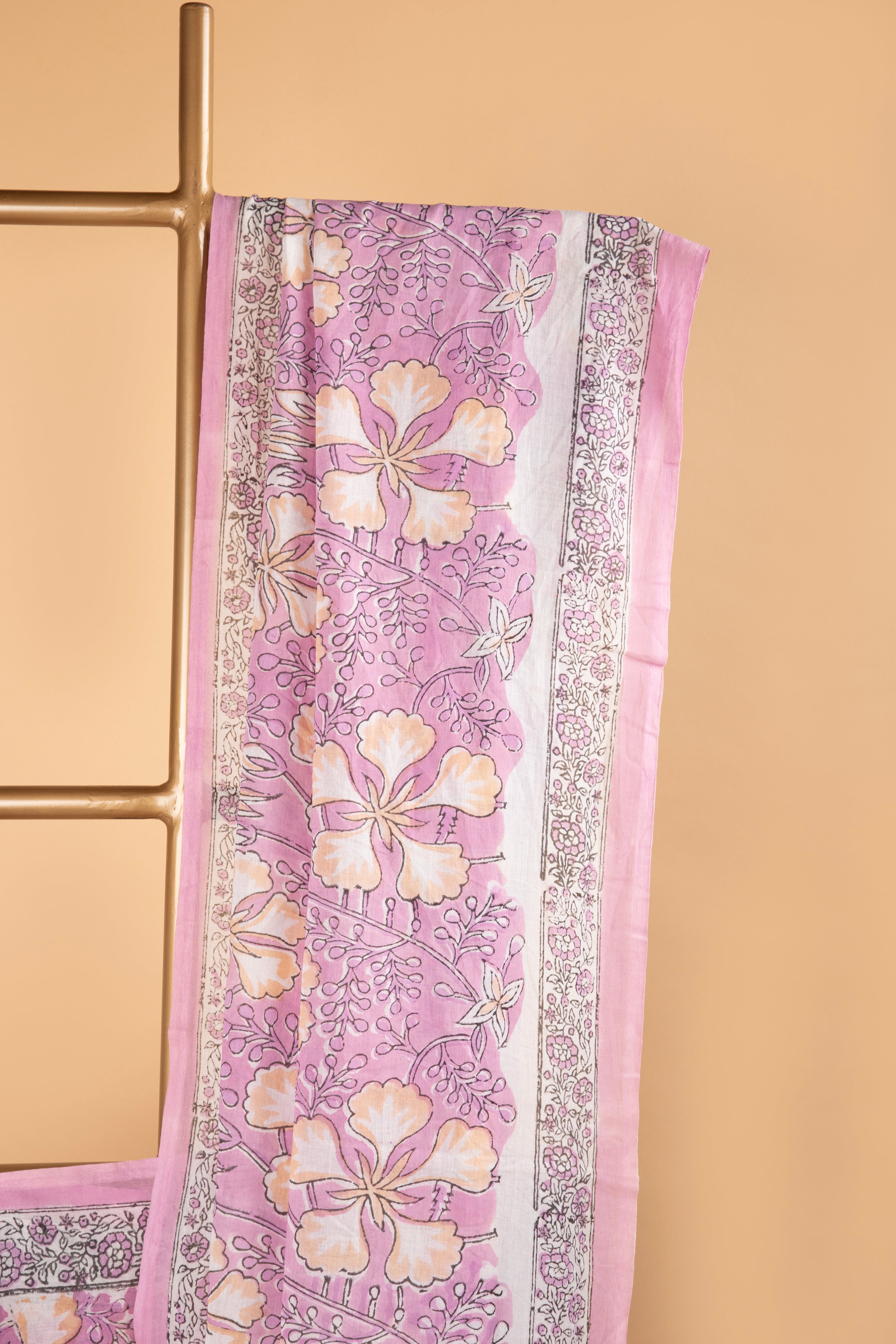 Pink and white floral hand block print saree