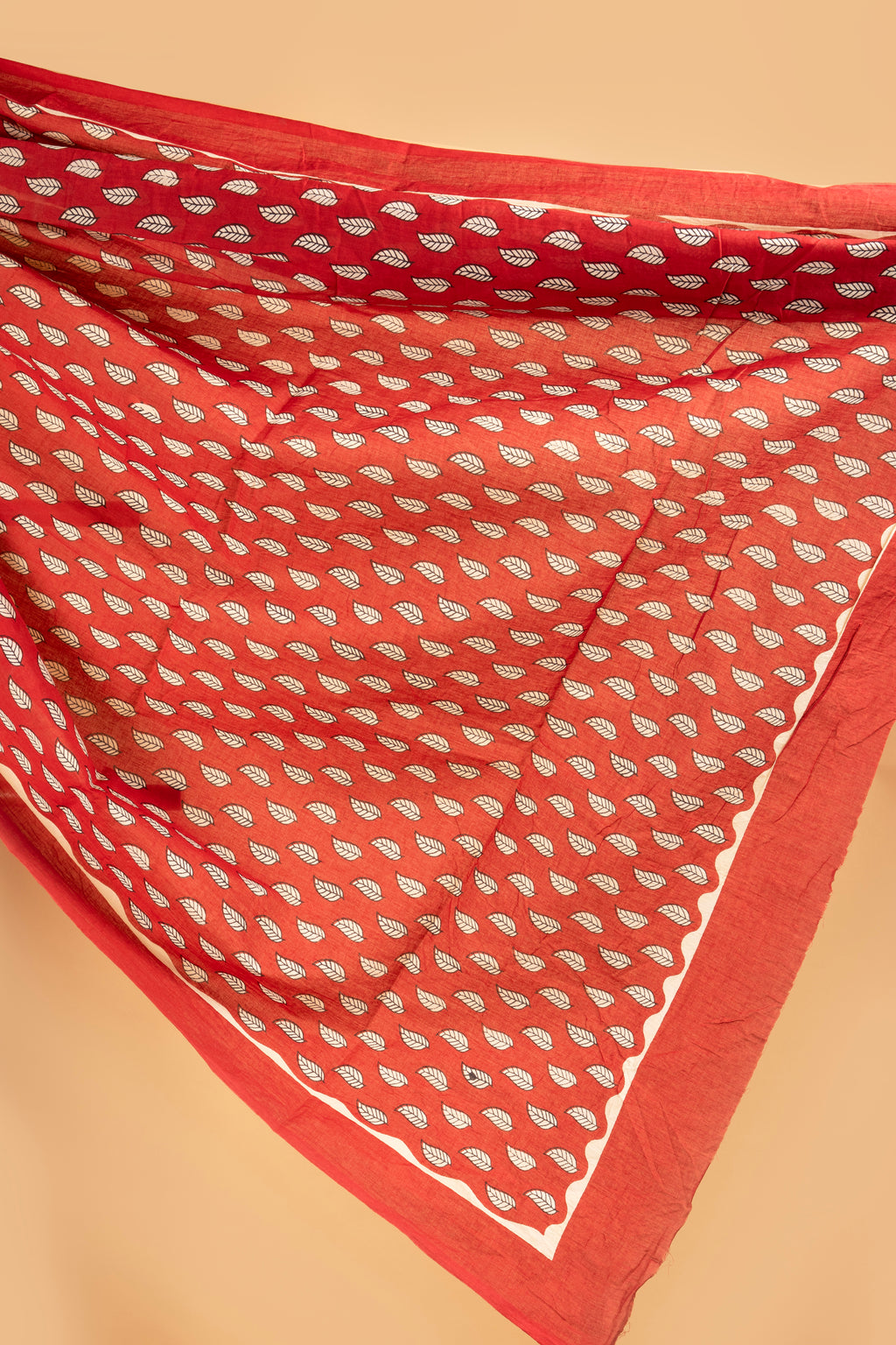 Beige and red hand block print saree