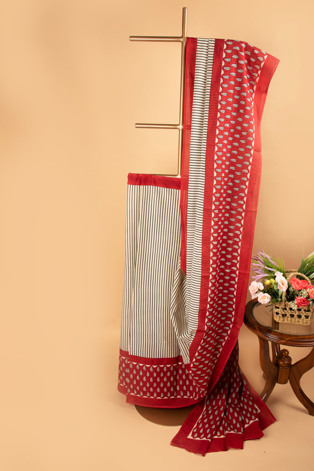 Beige and red hand block print saree