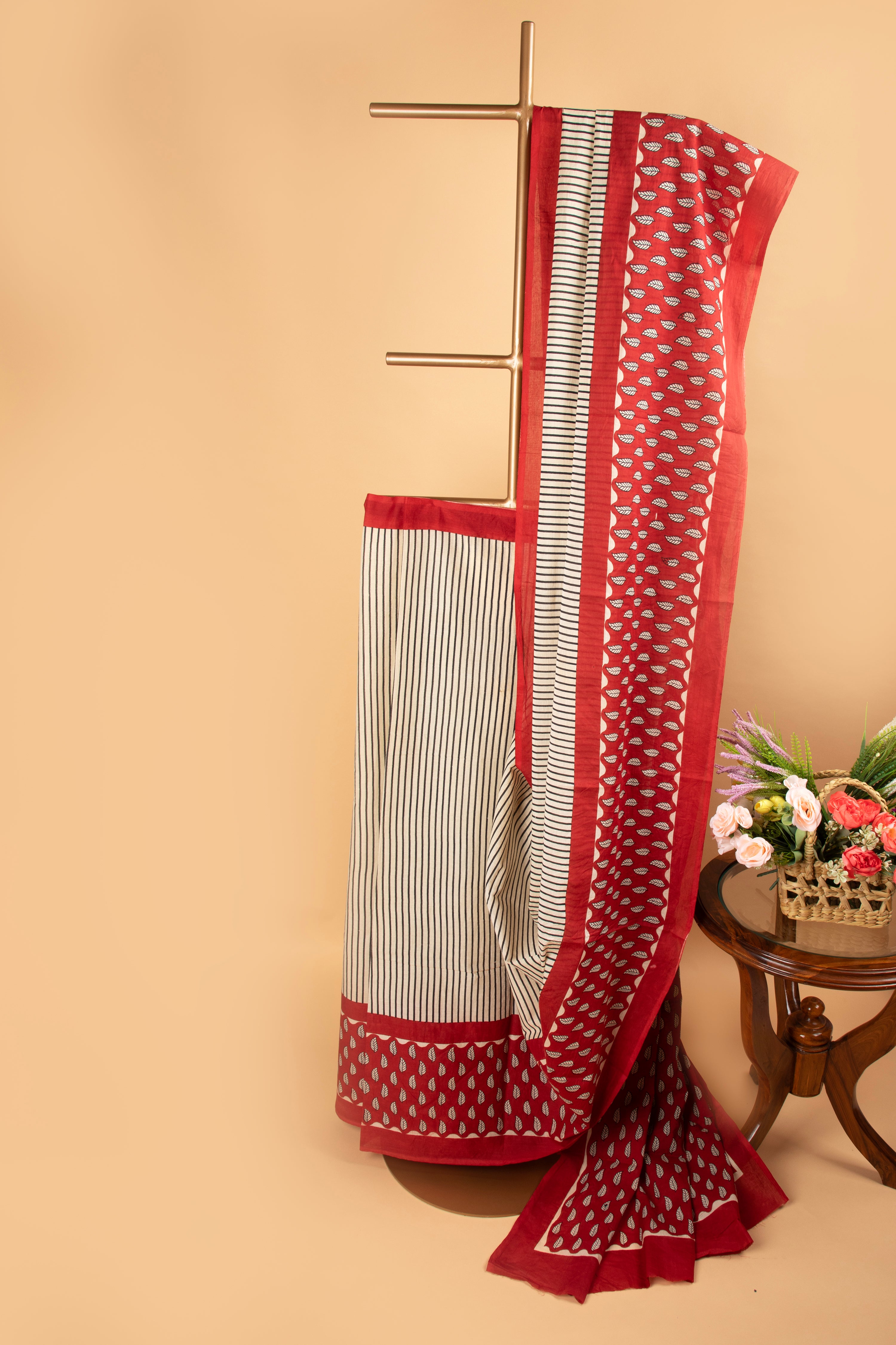 Beige and red hand block print saree