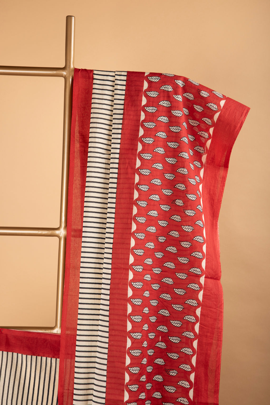 Beige and red hand block print saree