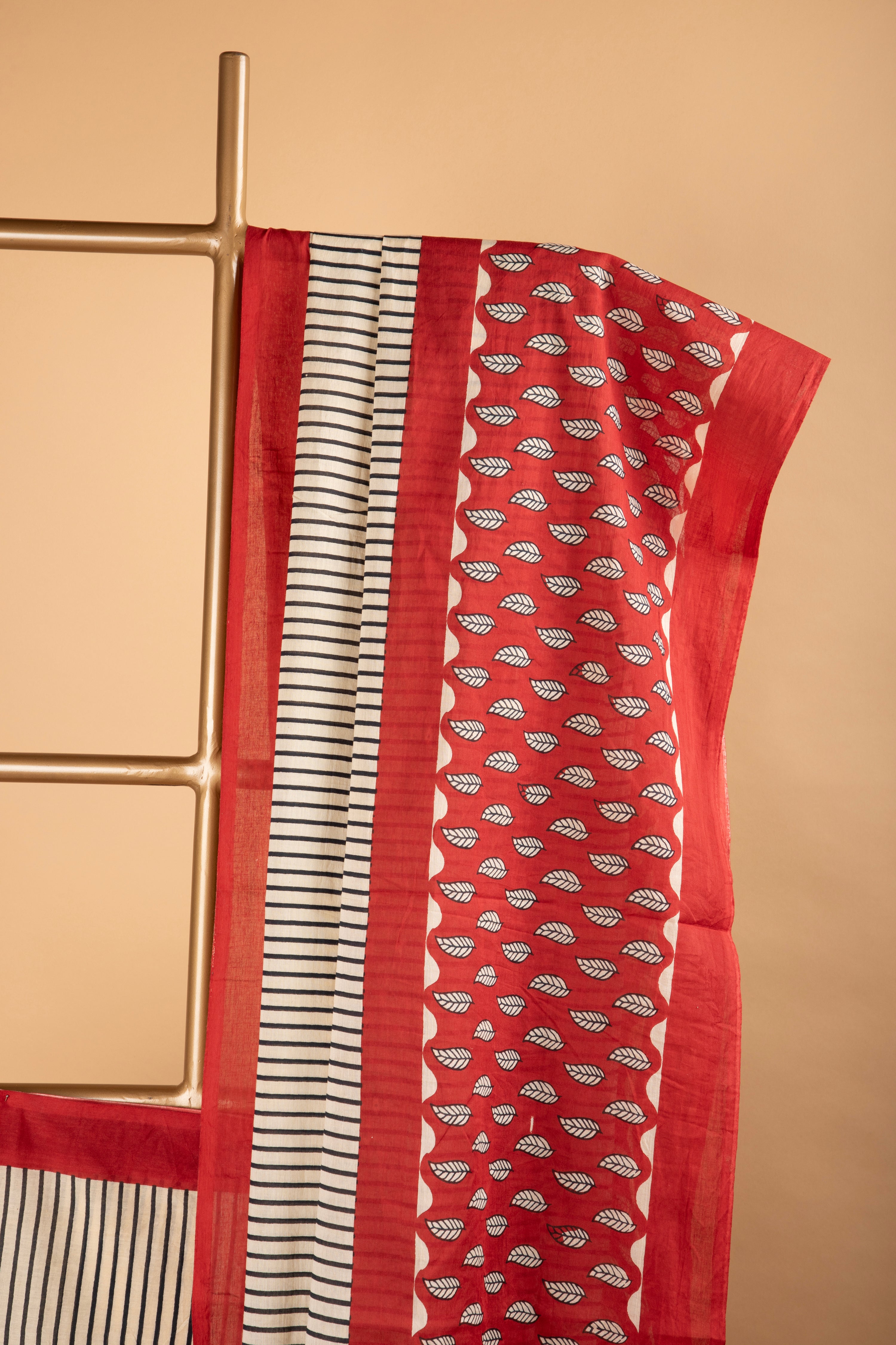 Beige and red hand block print saree