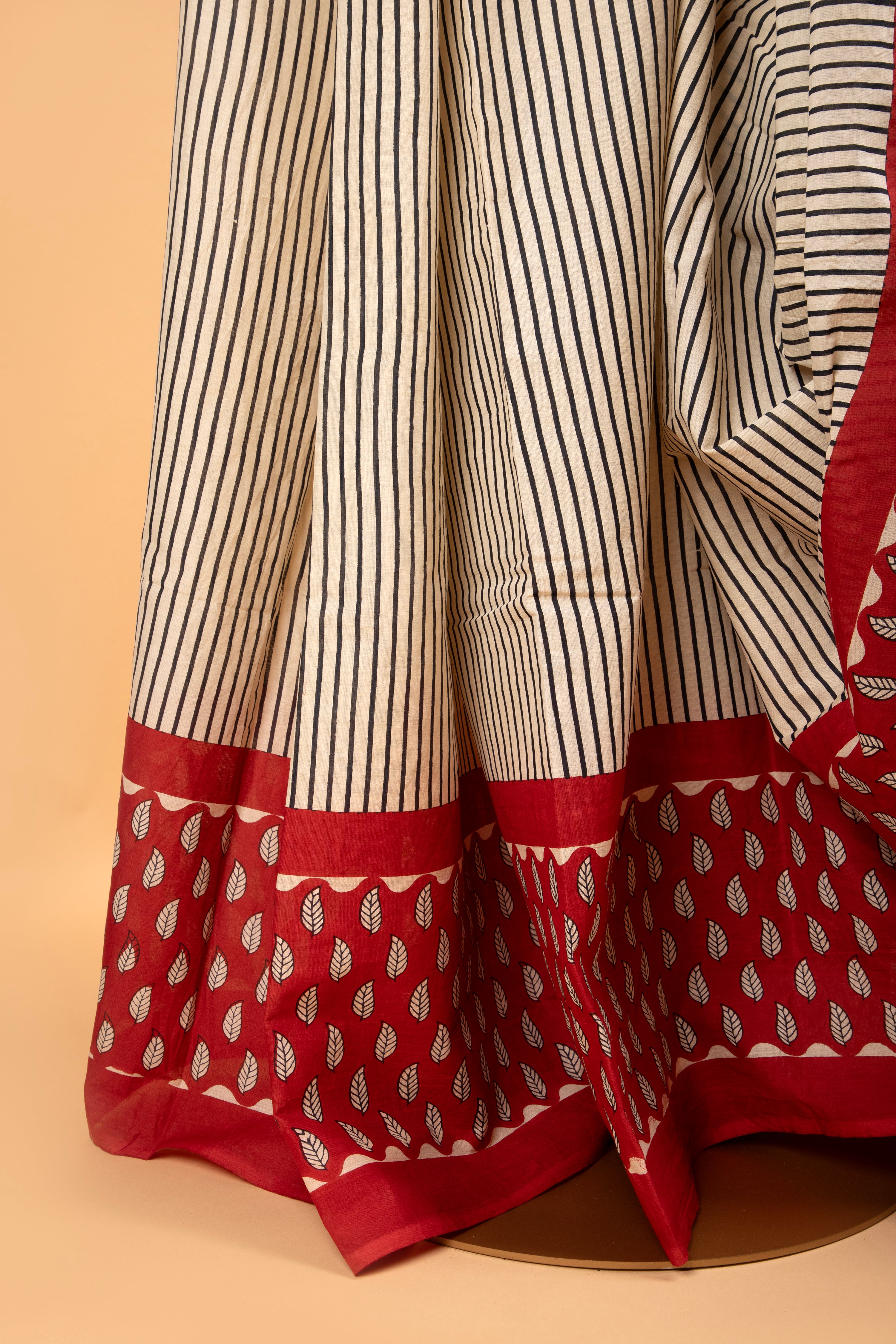 Beige and red hand block print saree