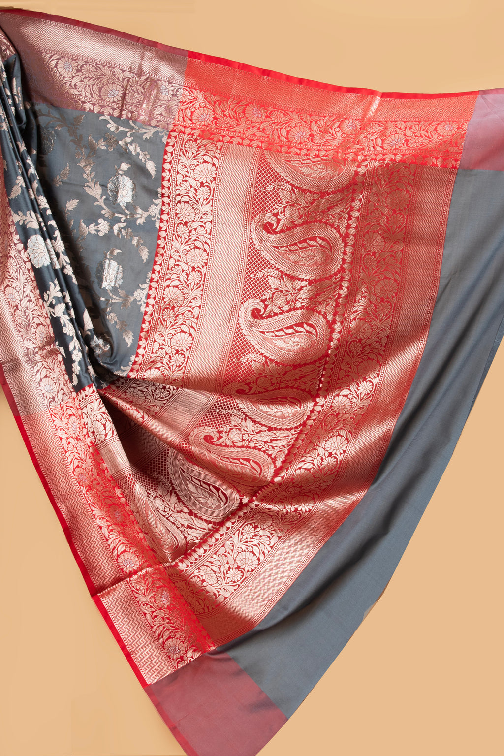 Grey and red floral design benarasi