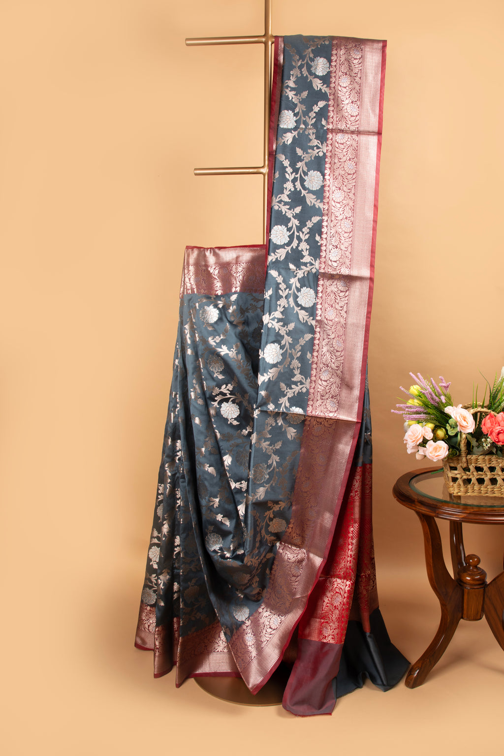 Grey and red floral design benarasi