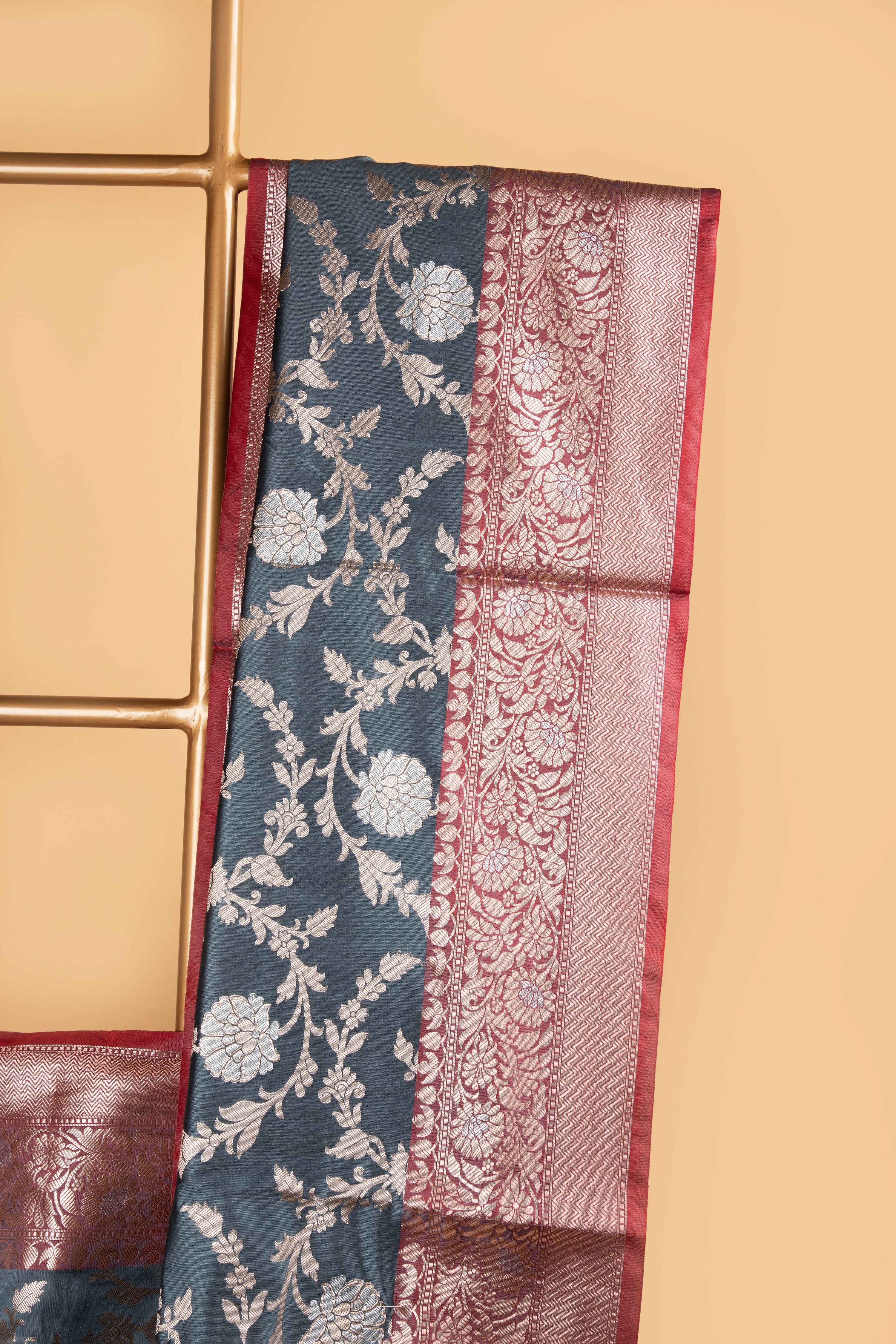 Grey and red floral design benarasi
