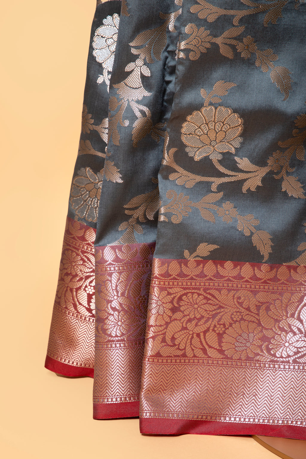 Grey and red floral design benarasi