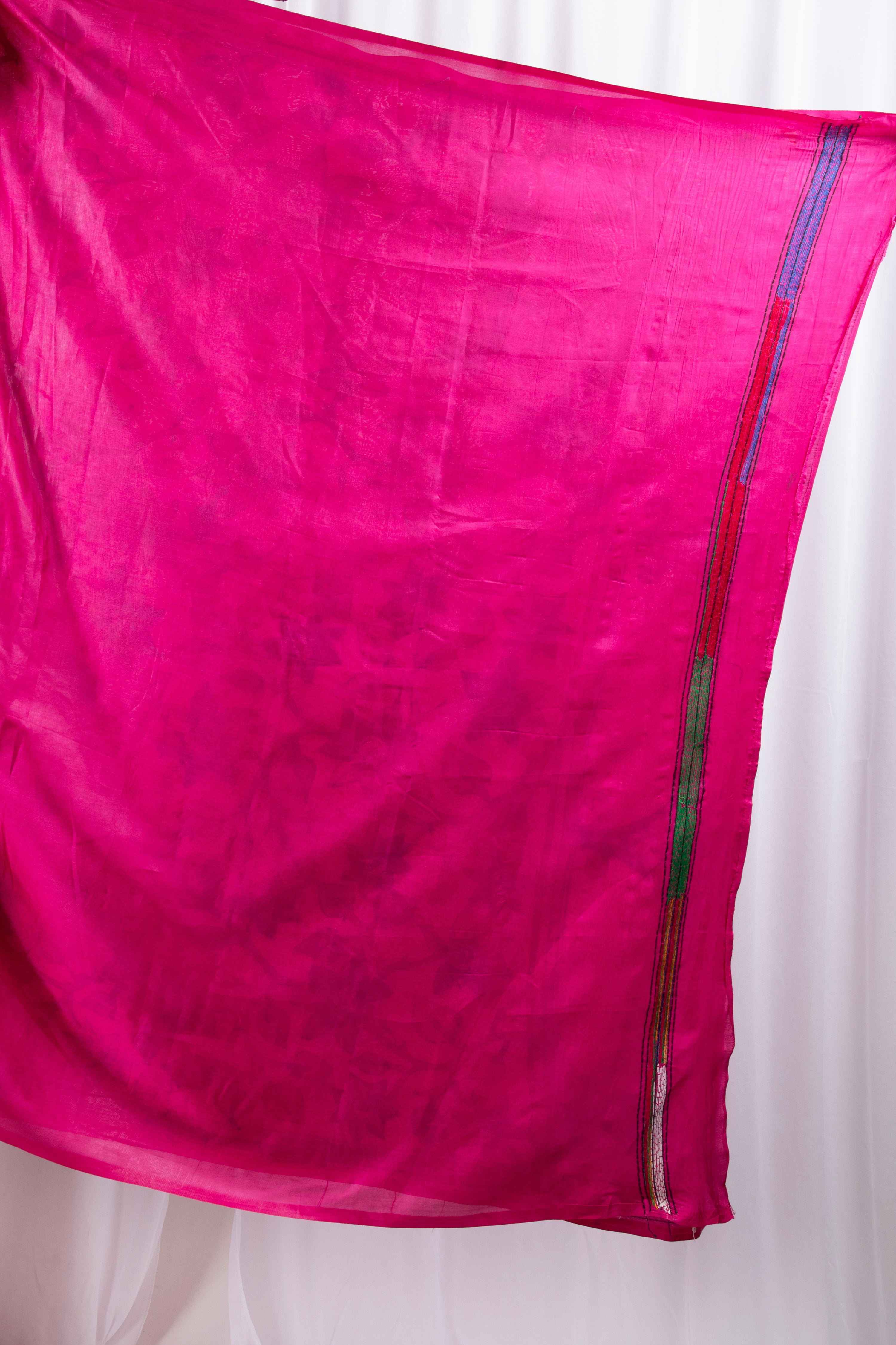 Pink kantha stitch saree with multi colour thread work