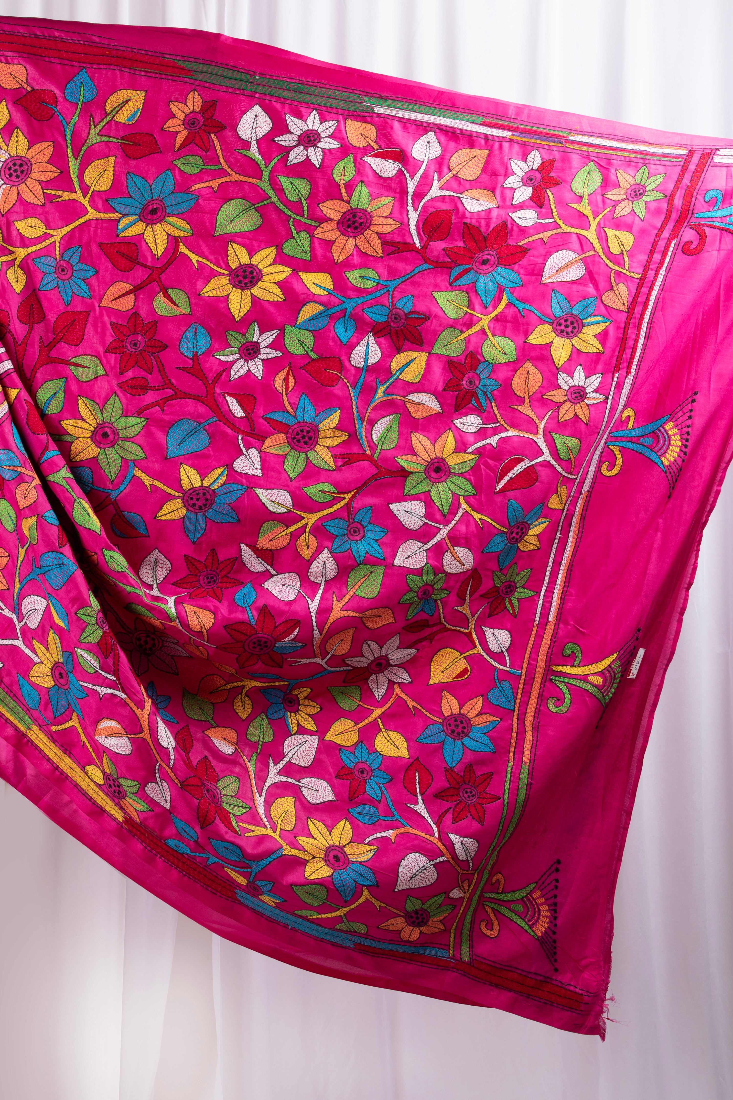 Pink kantha stitch saree with multi colour thread work