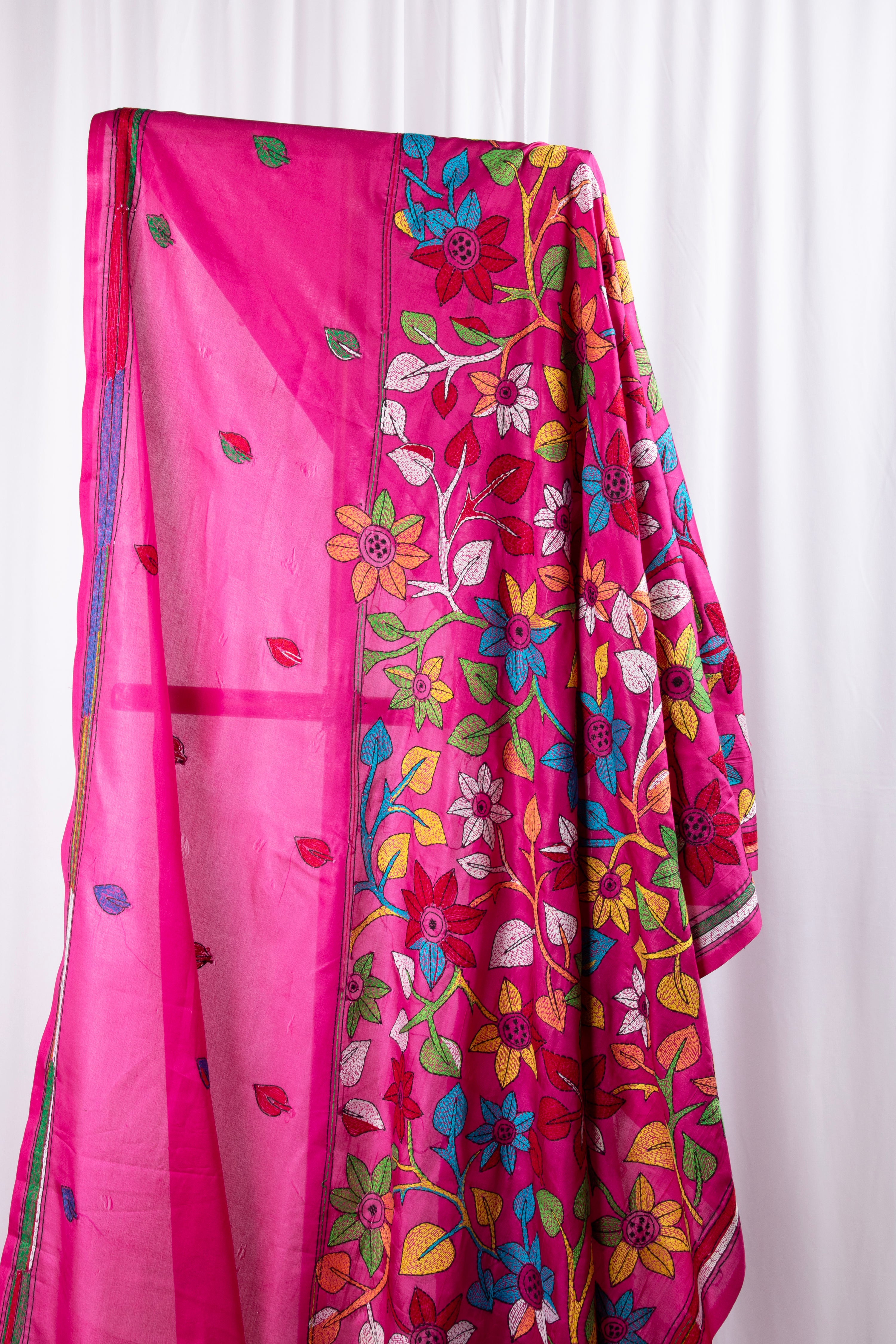 Pink kantha stitch saree with multi colour thread work