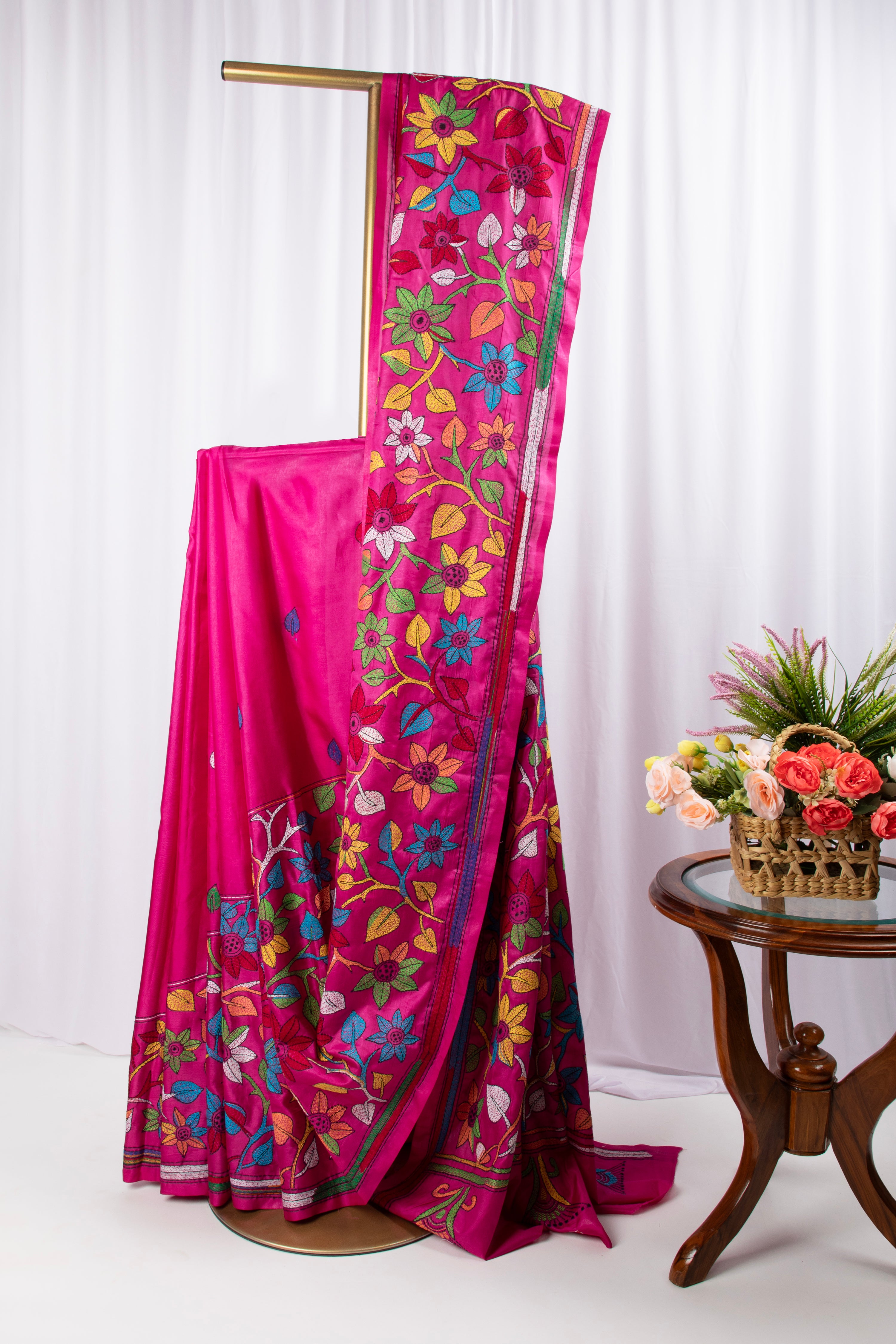Pink kantha stitch saree with multi colour thread work