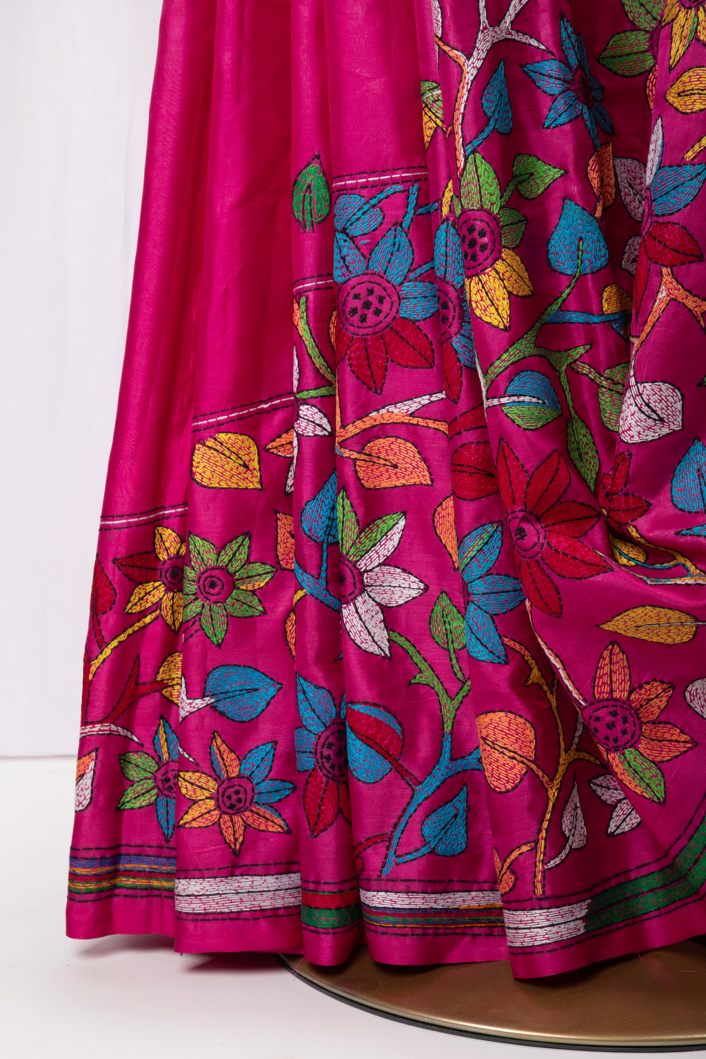Pink kantha stitch saree with multi colour thread work