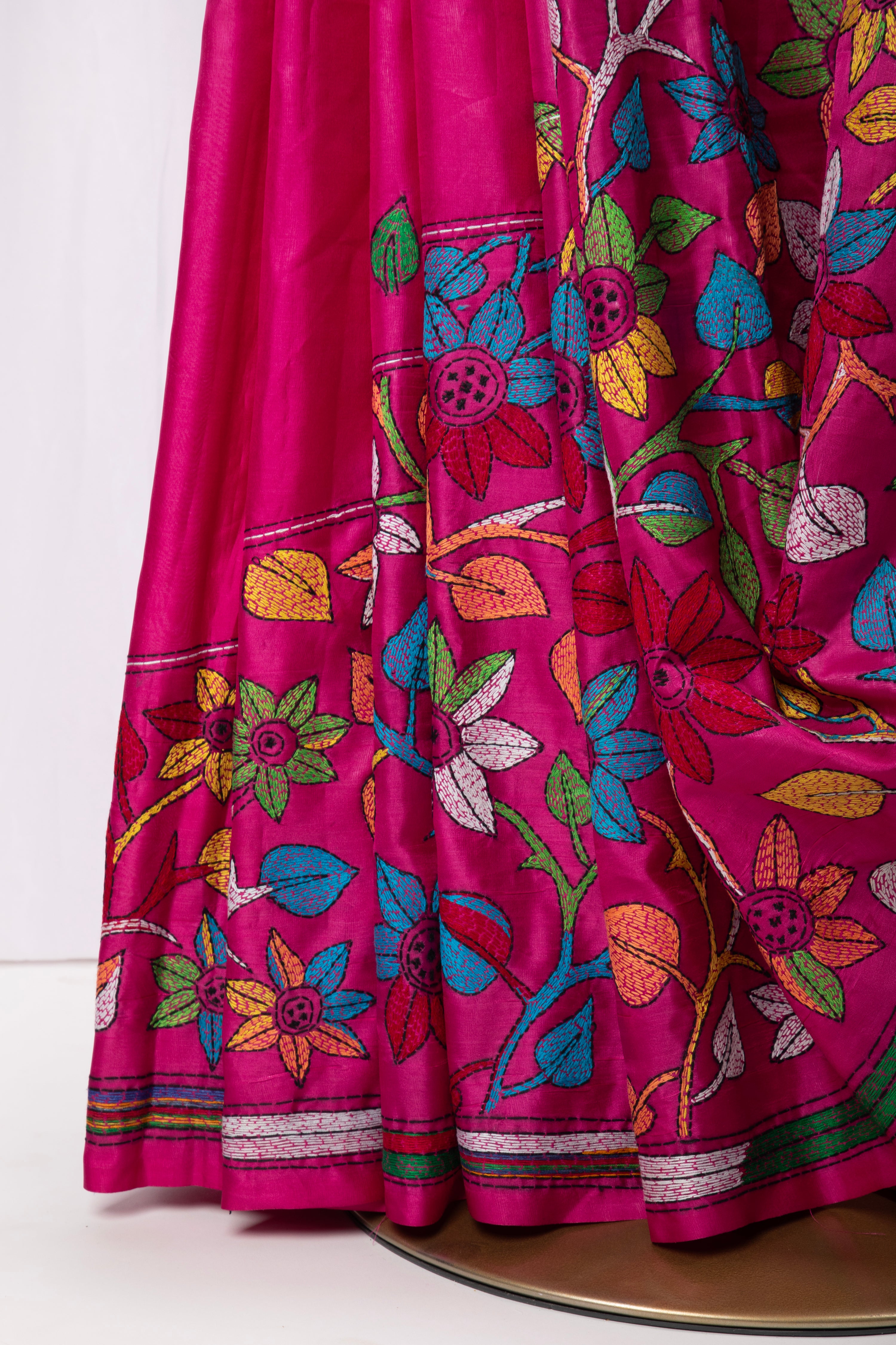 Pink kantha stitch saree with multi colour thread work