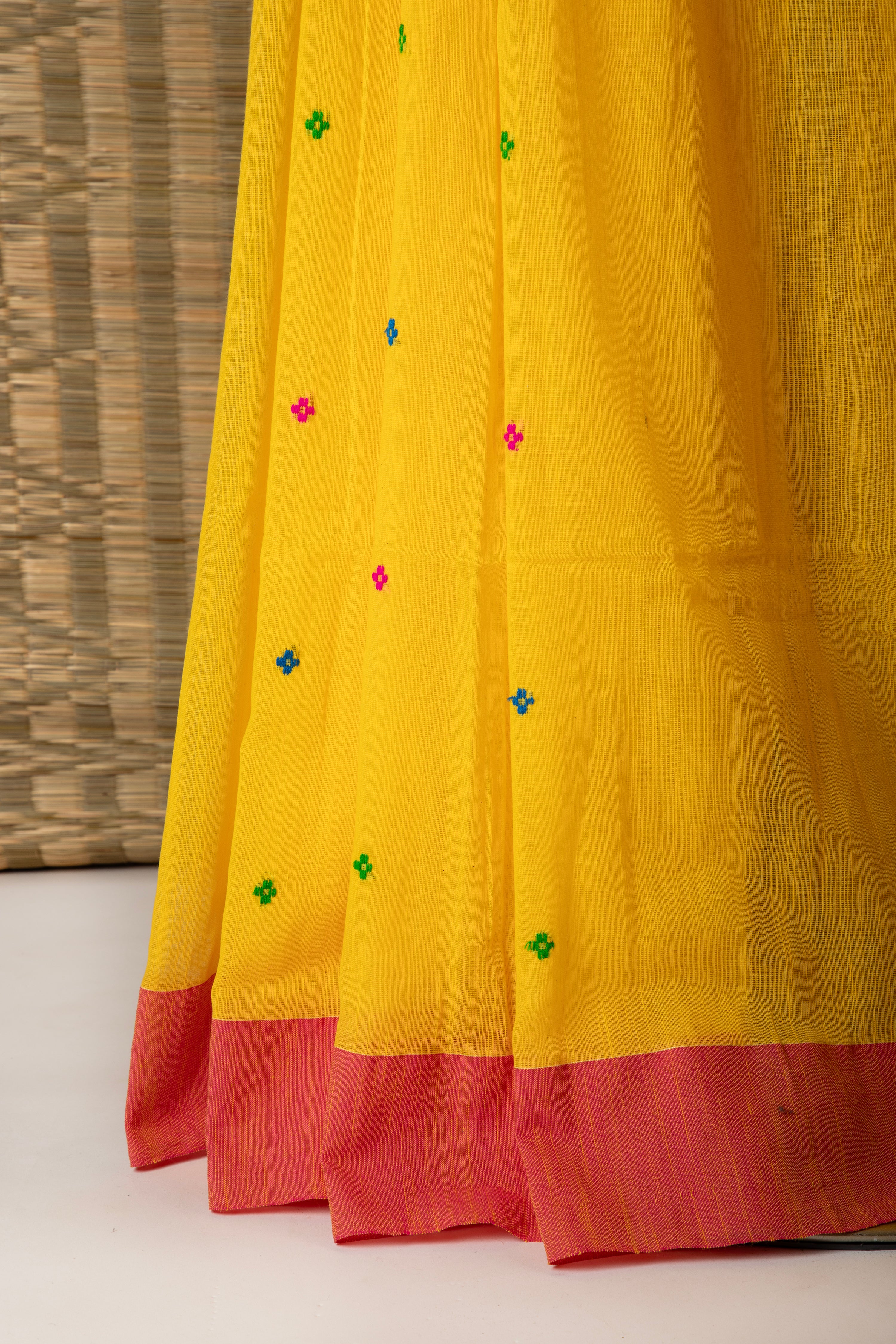 Yellow handloom cotton saree with butas