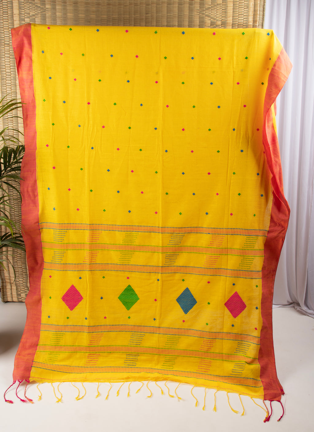 Yellow handloom cotton saree with butas