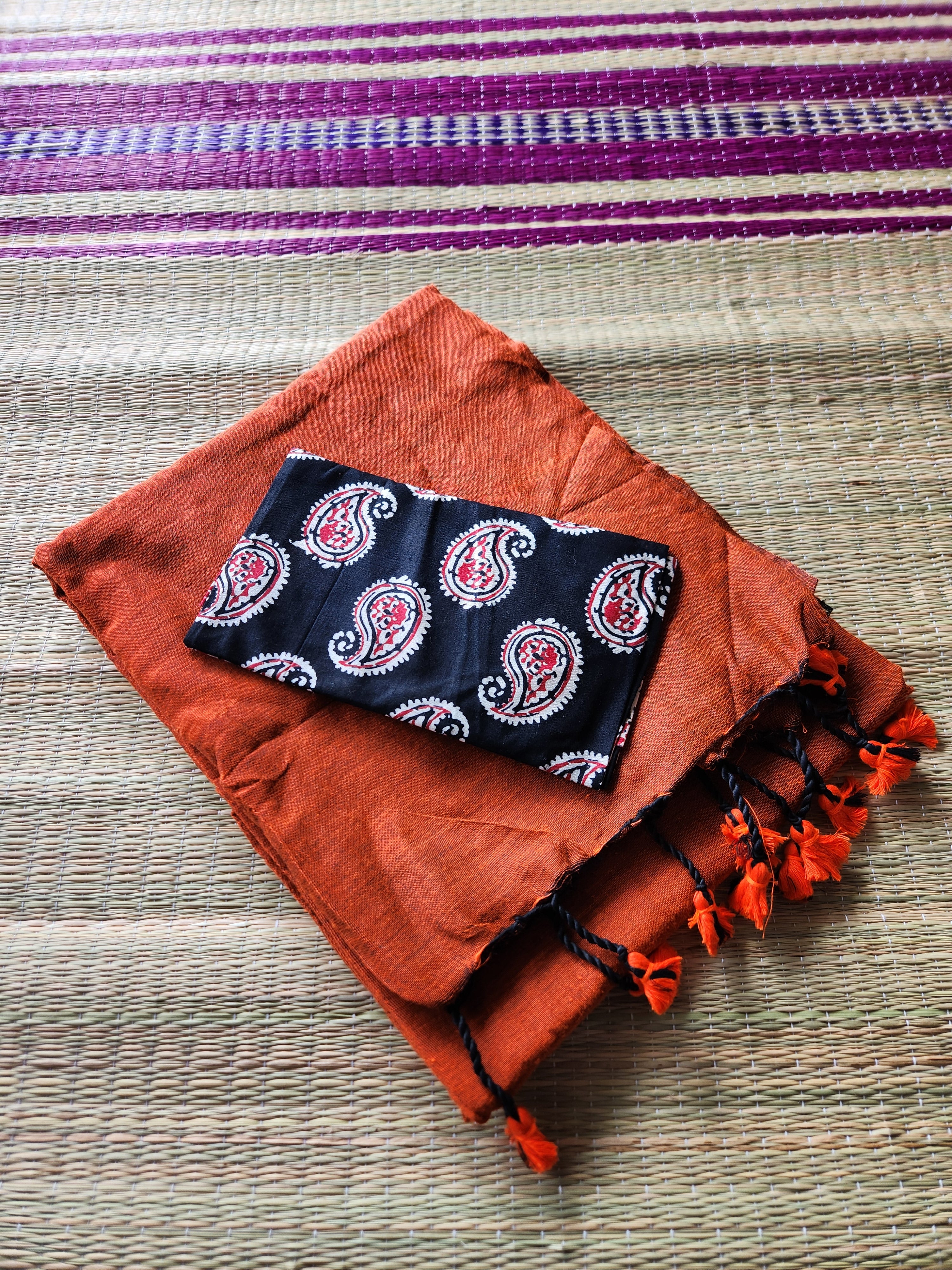 Orange black dual shade khadi cotton saree