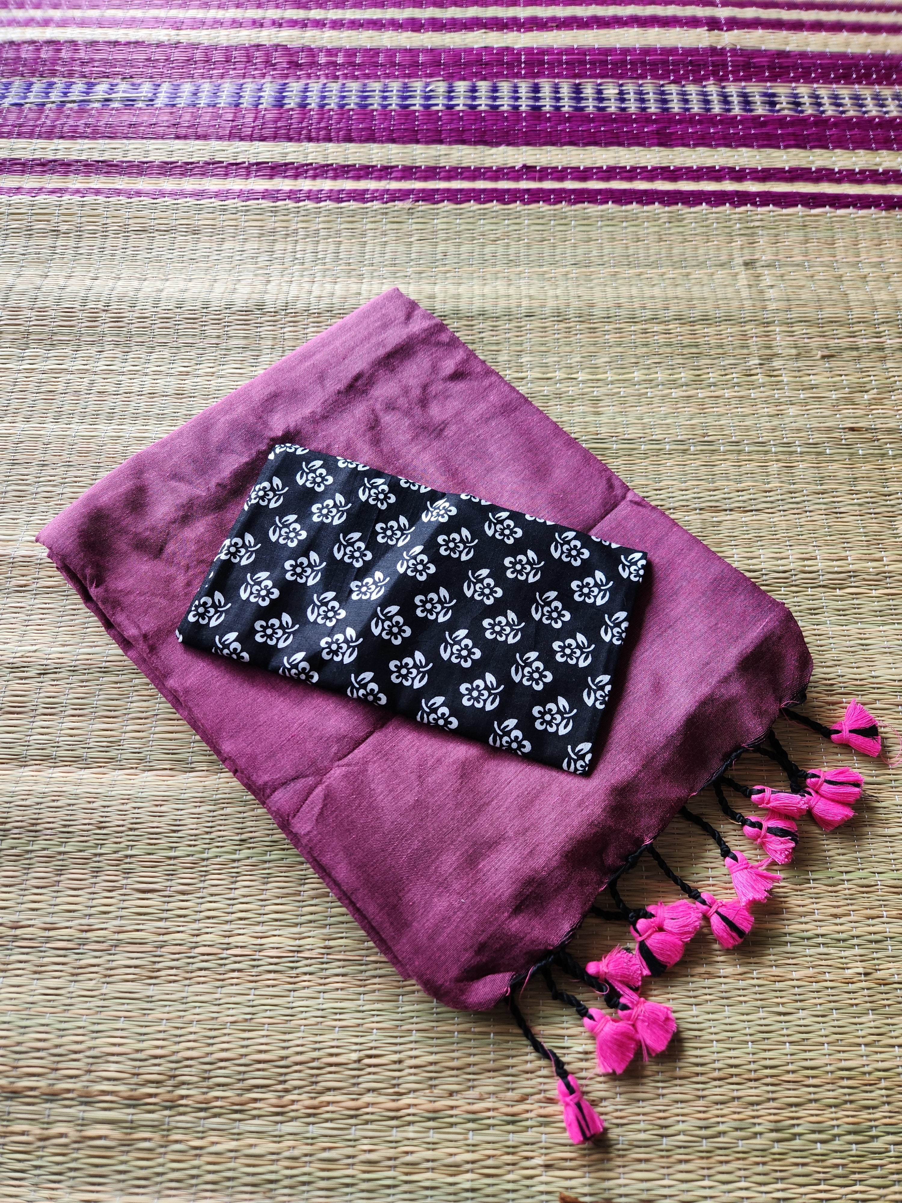 Purple and black khadi cotton saree