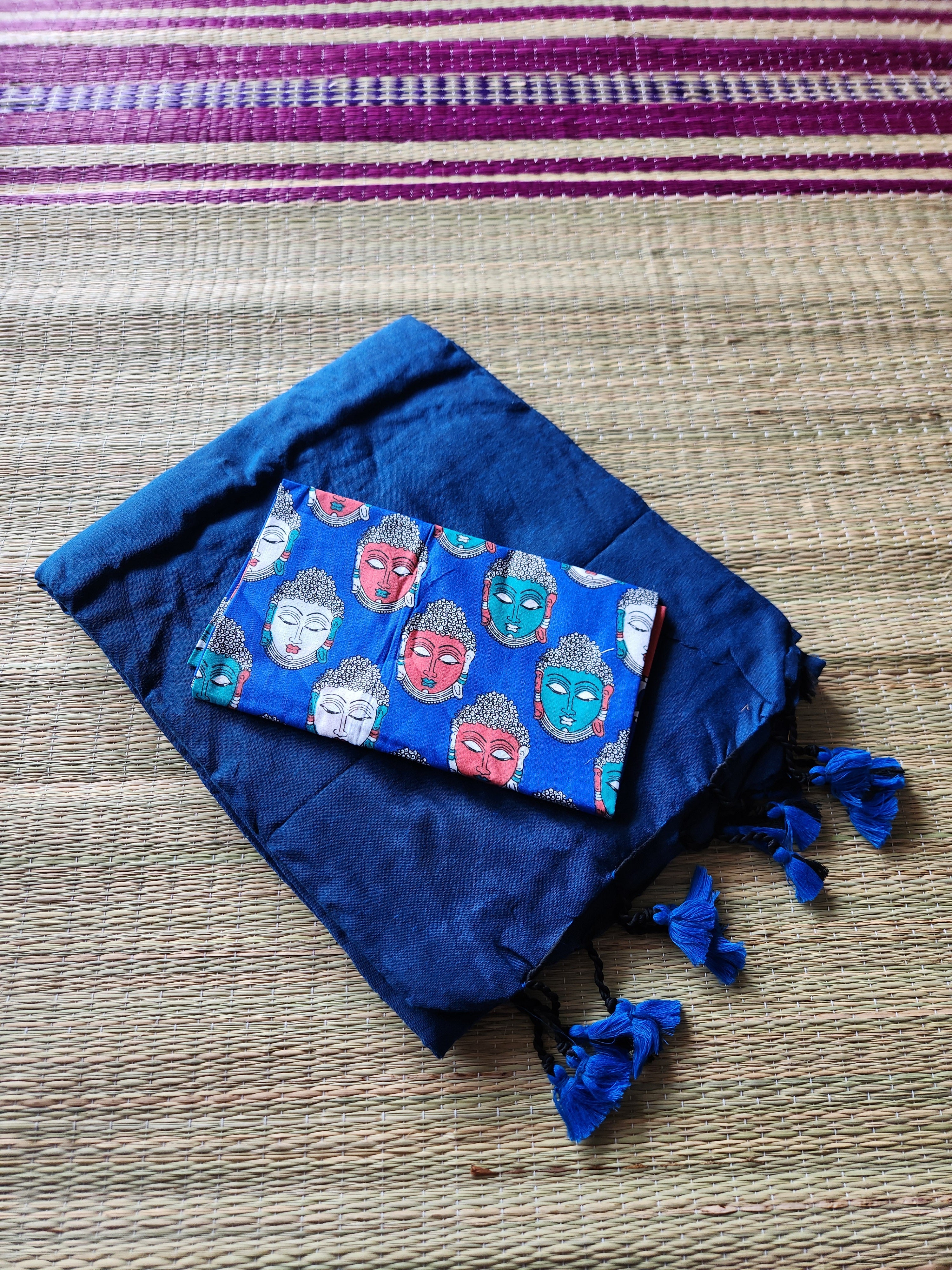 Royal blue and black khadi cotton saree