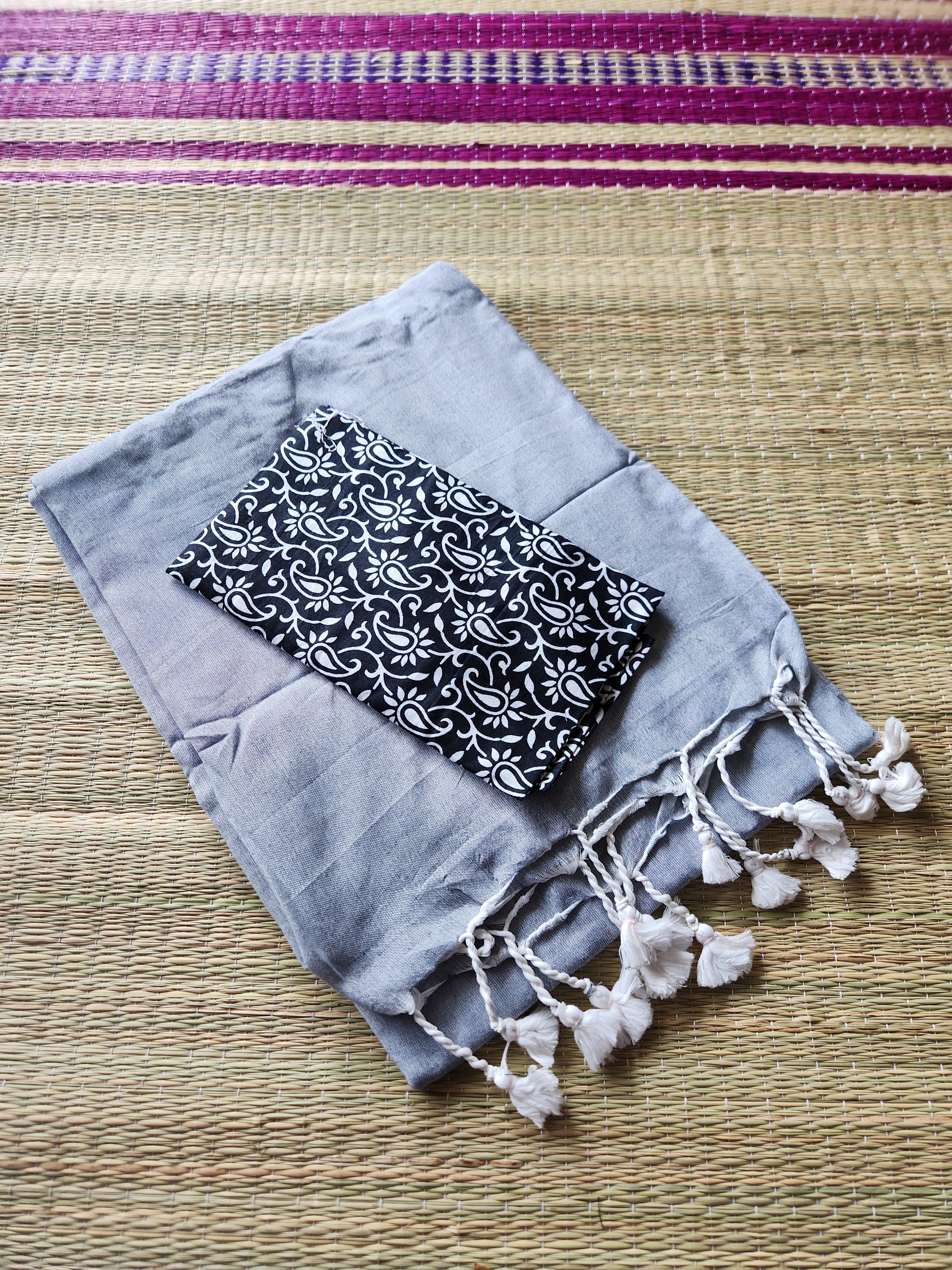 Grey and white khadi cotton saree