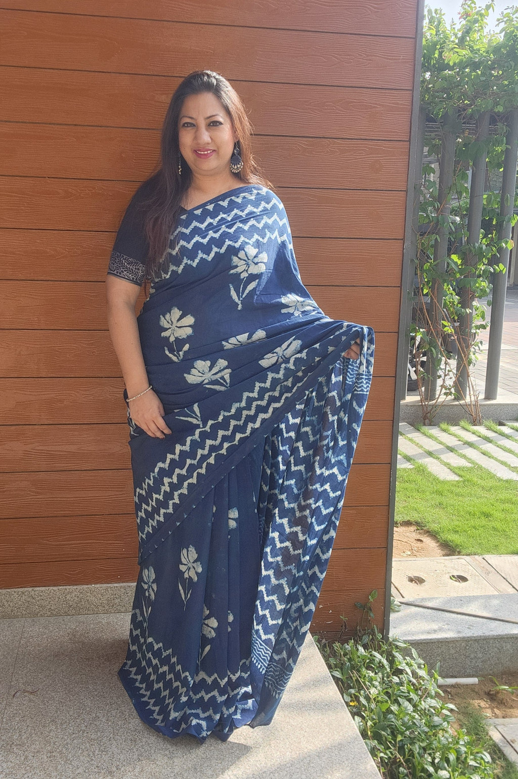 Indigo bagru hand block print saree