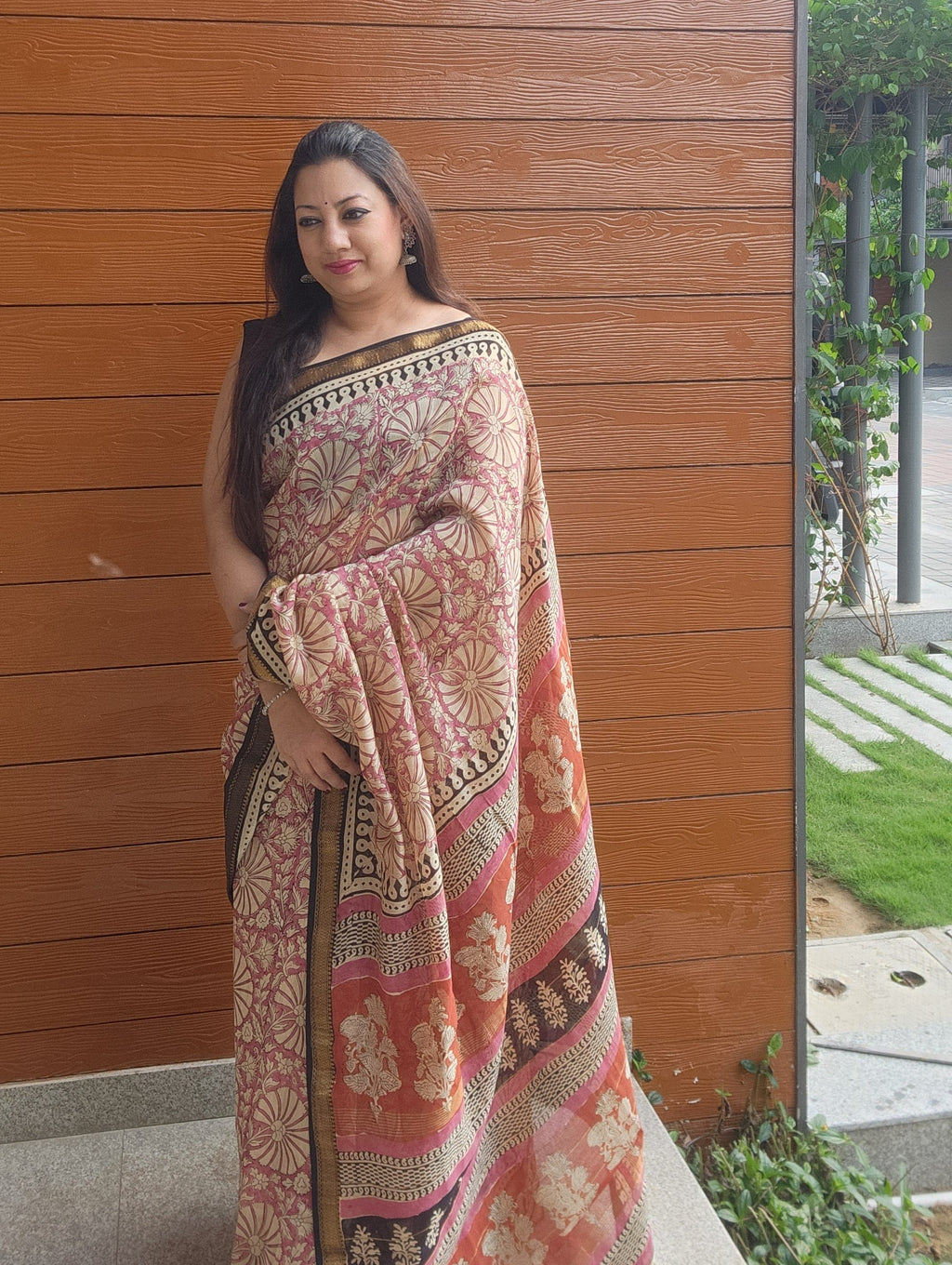 Pink floral silk cotton block print saree