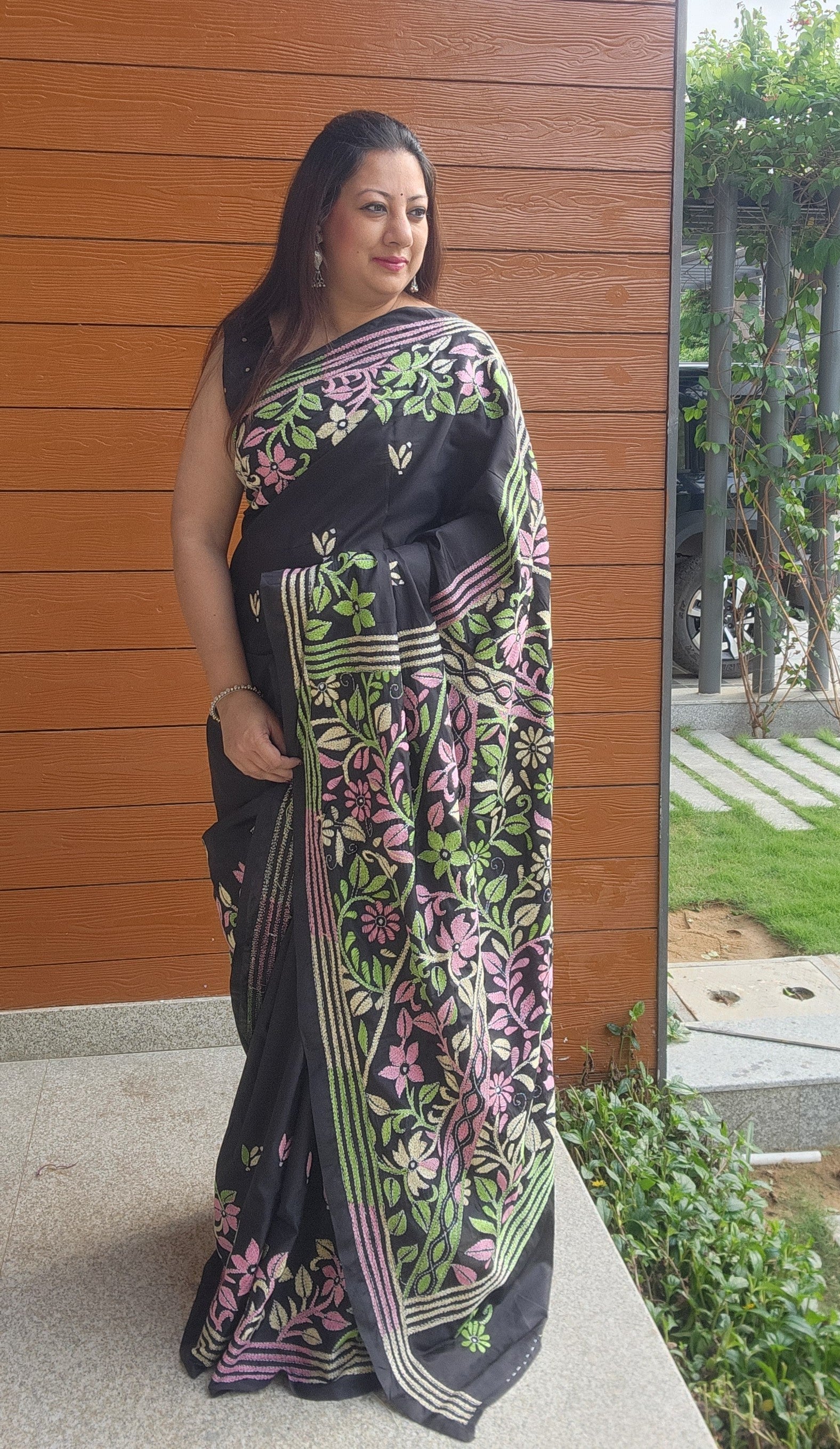 Black kantha stitch saree in blended silk