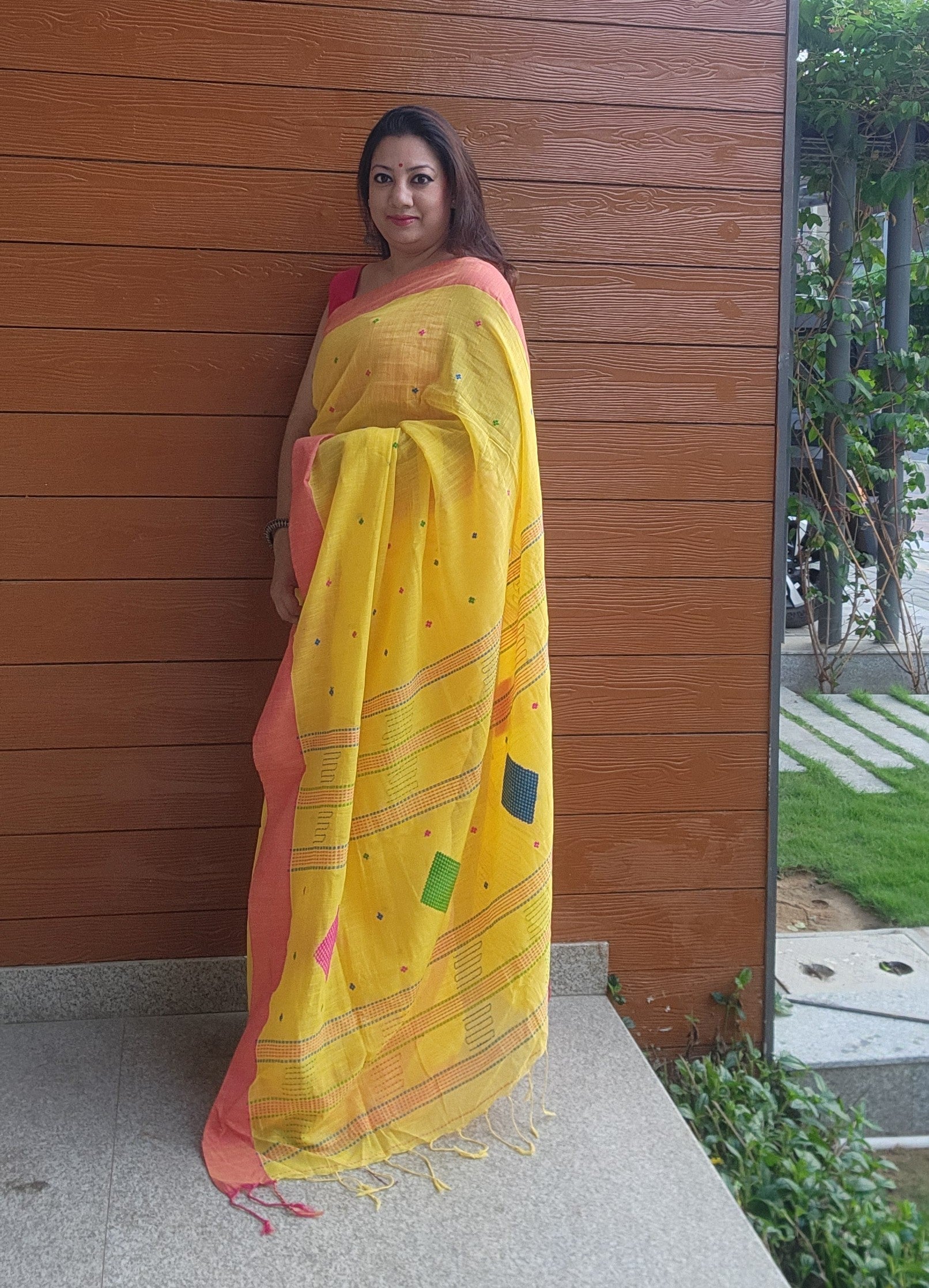 Yellow handloom cotton saree with butas