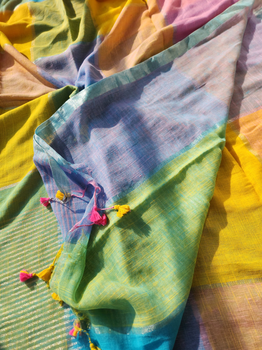 Multicolour box cotton linen saree