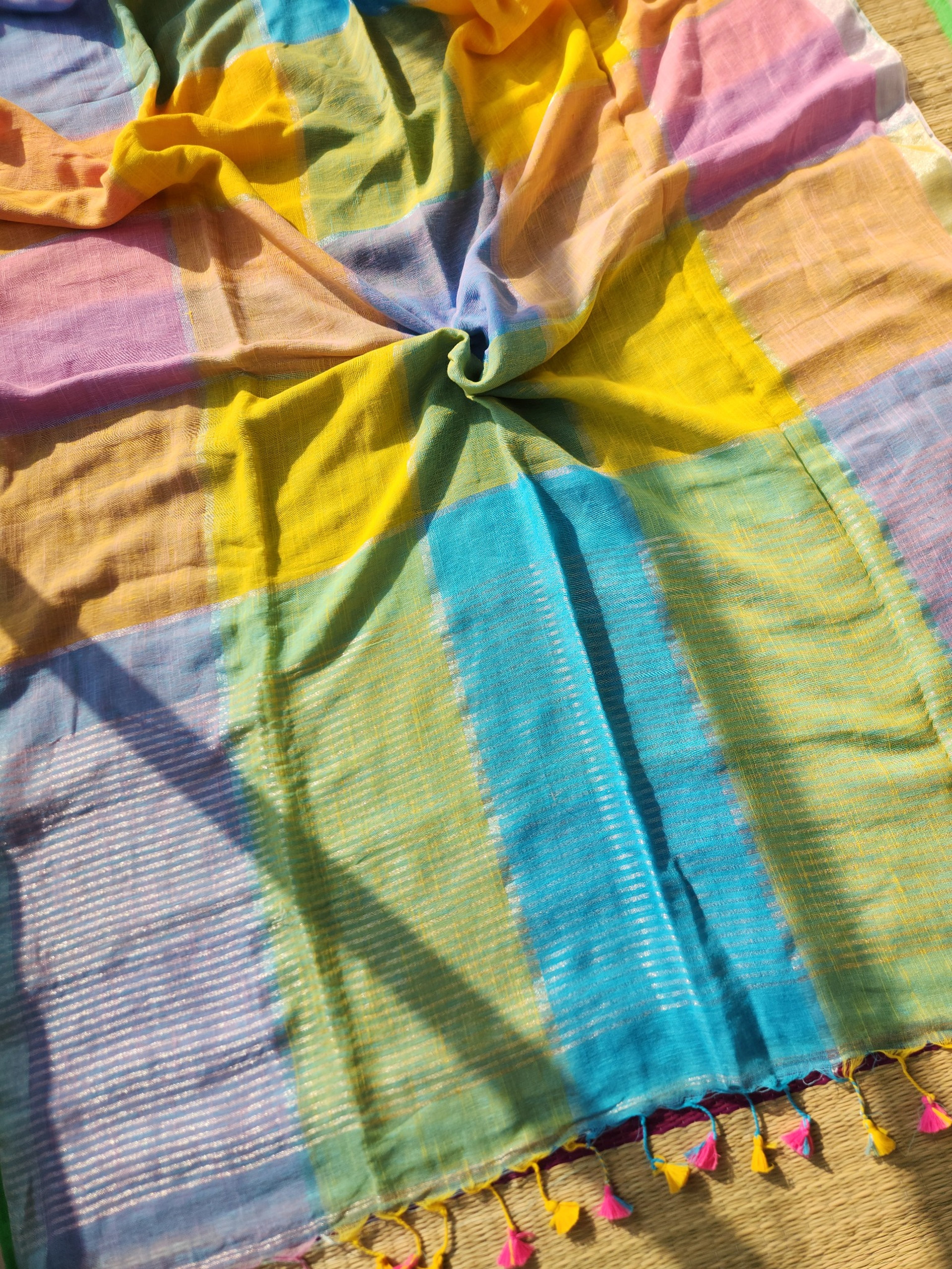 Multicolour box cotton linen saree
