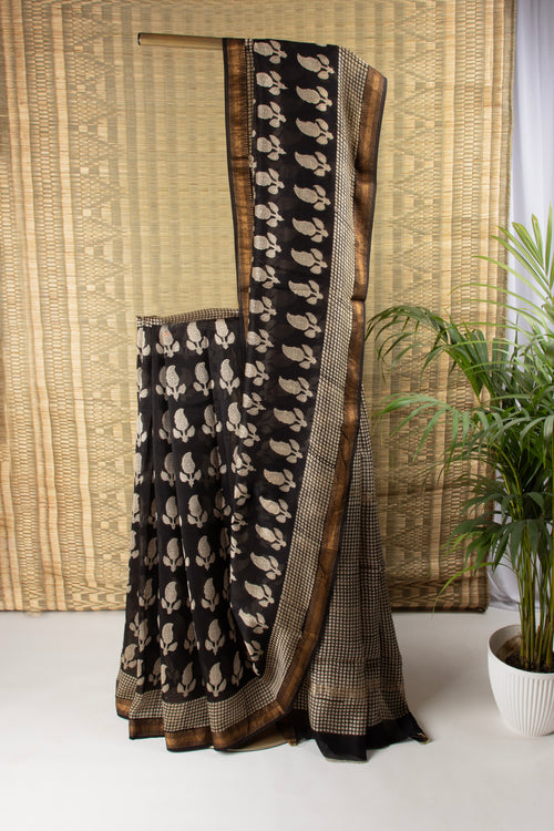 Black silk cotton block print saree with paisley motif
