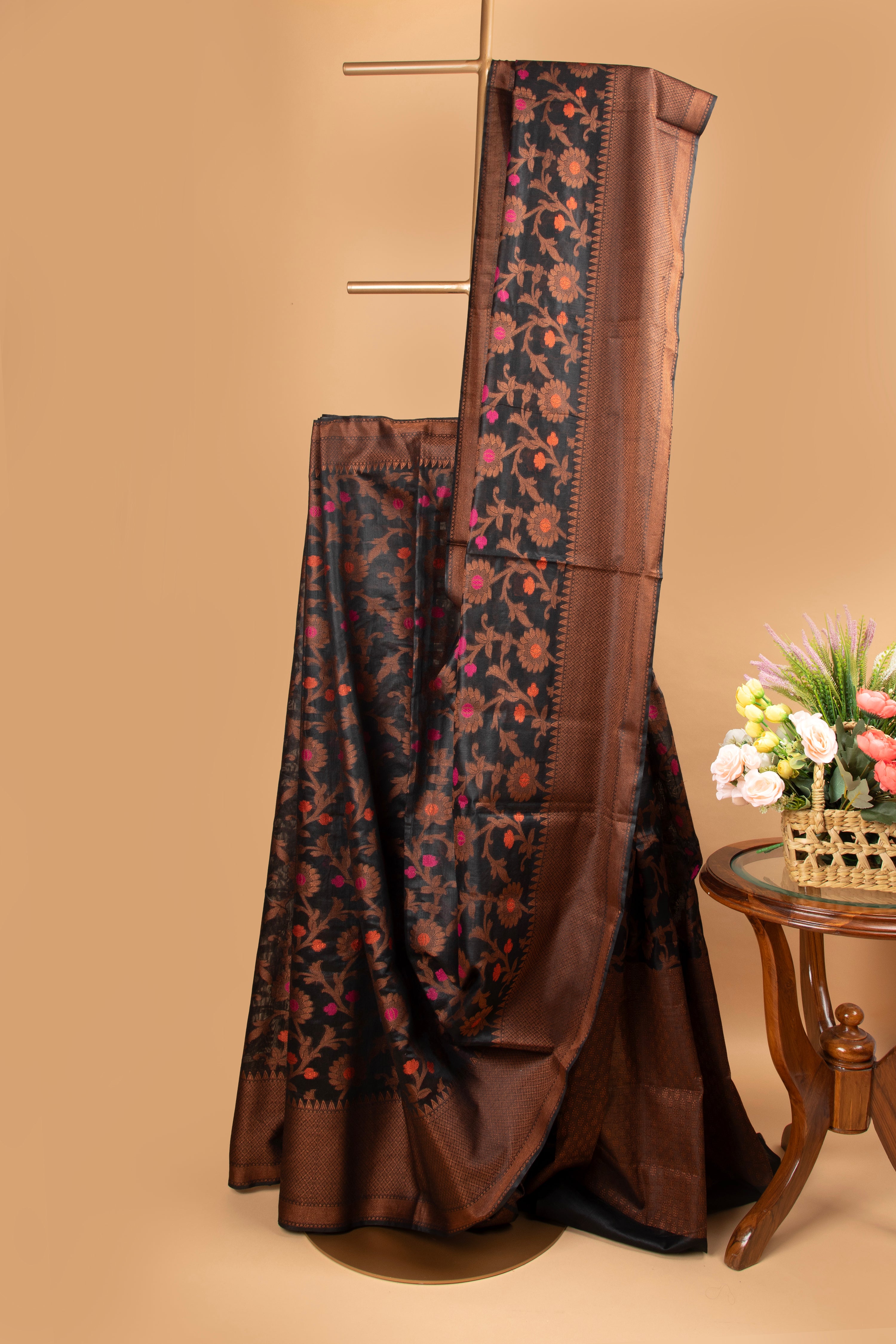 Black floral design cotton saree