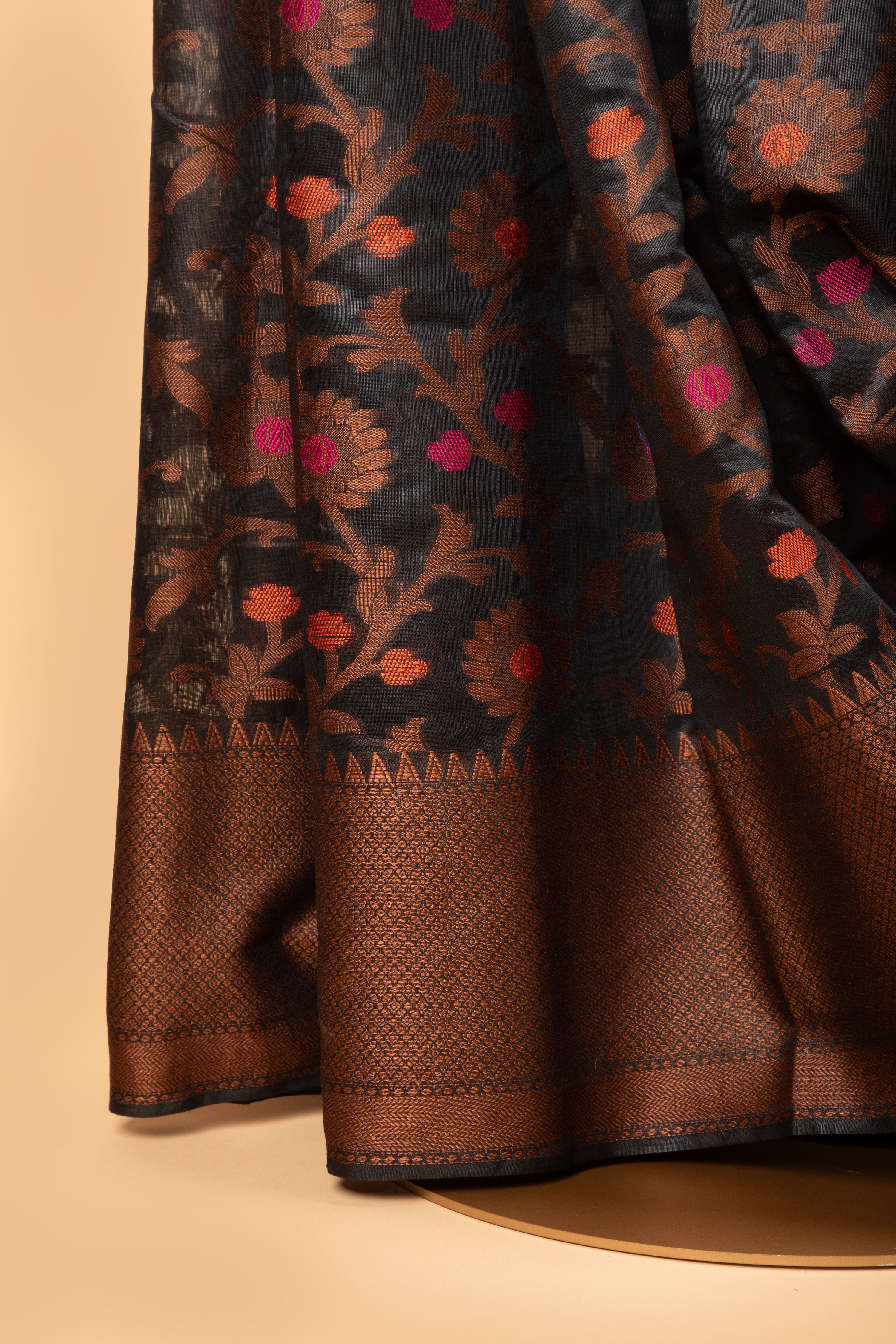 Black floral design cotton saree