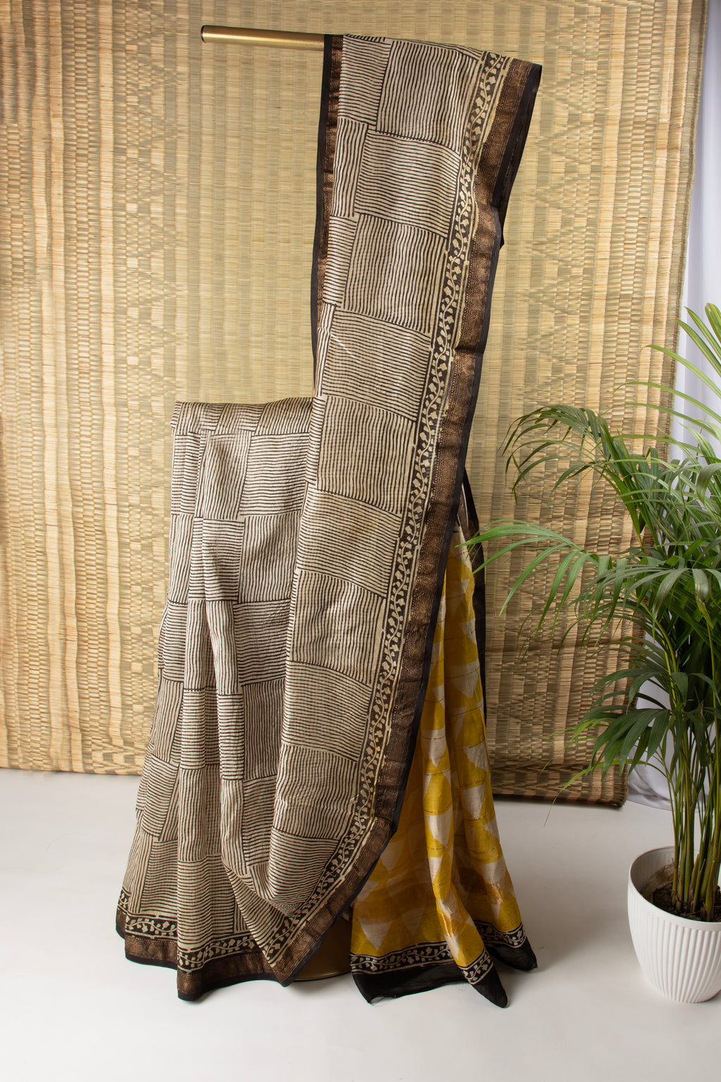 Striped black and beige silk cotton block print saree