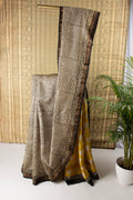 Striped black and beige silk cotton block print saree