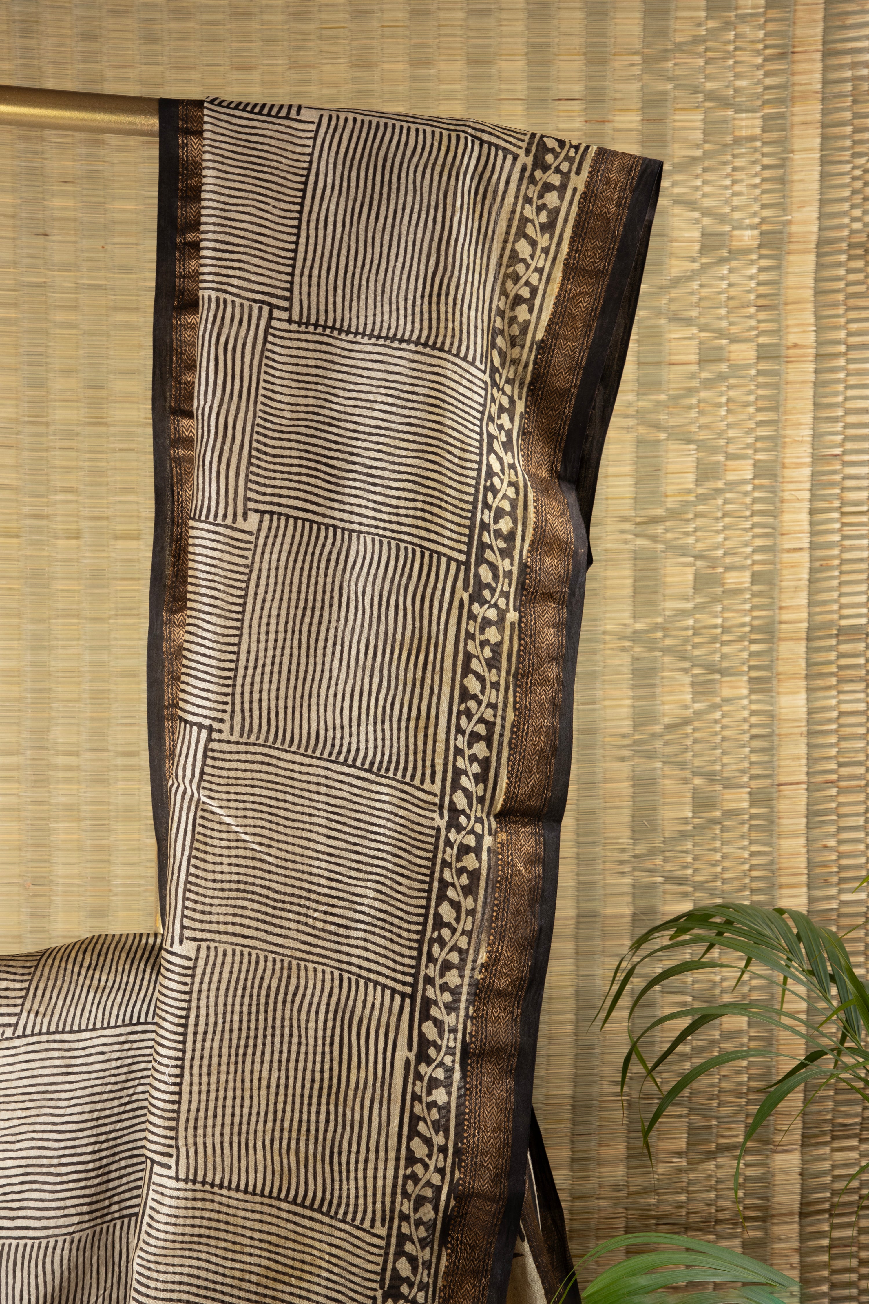 Striped black and beige silk cotton block print saree