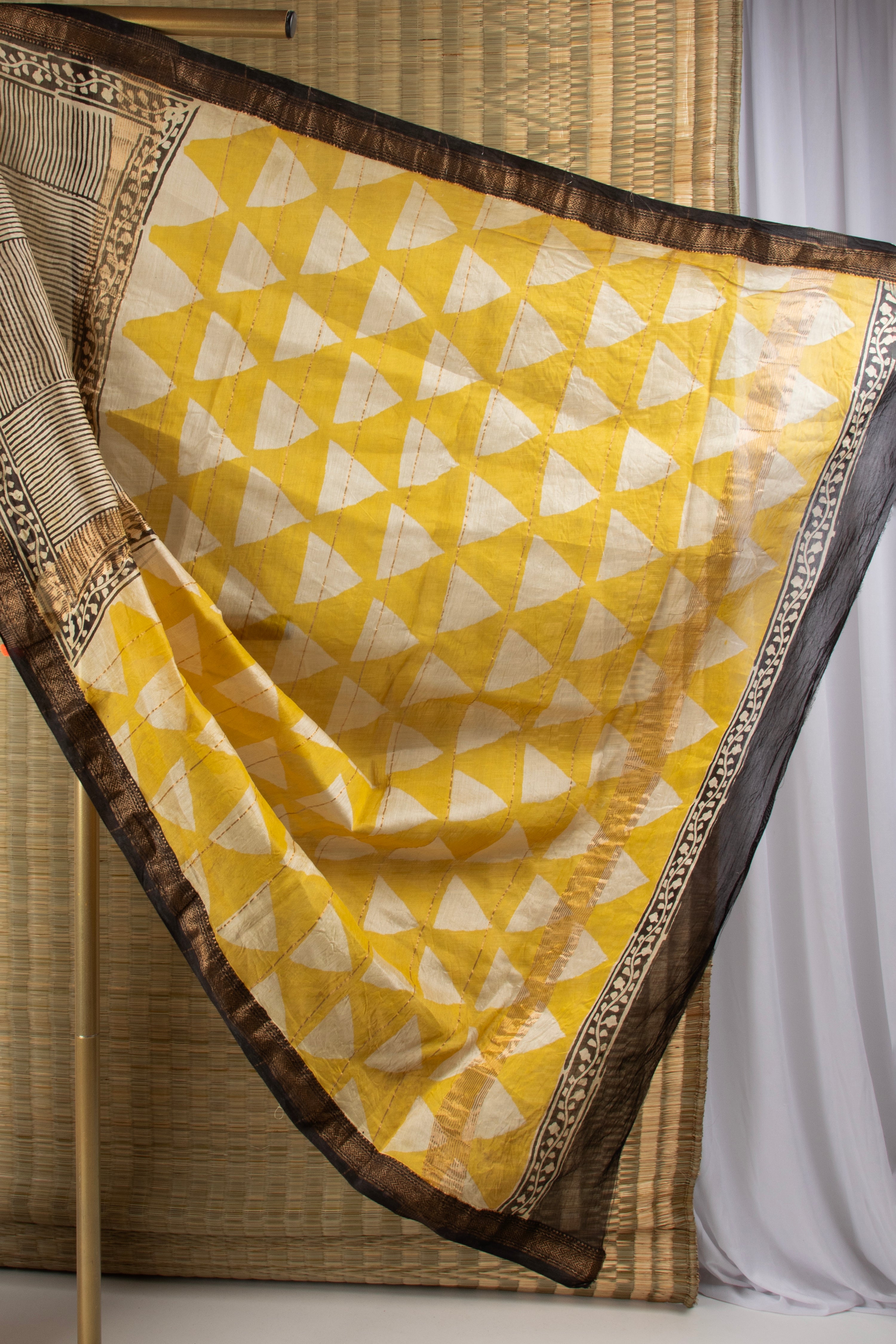 Striped black and beige silk cotton block print saree