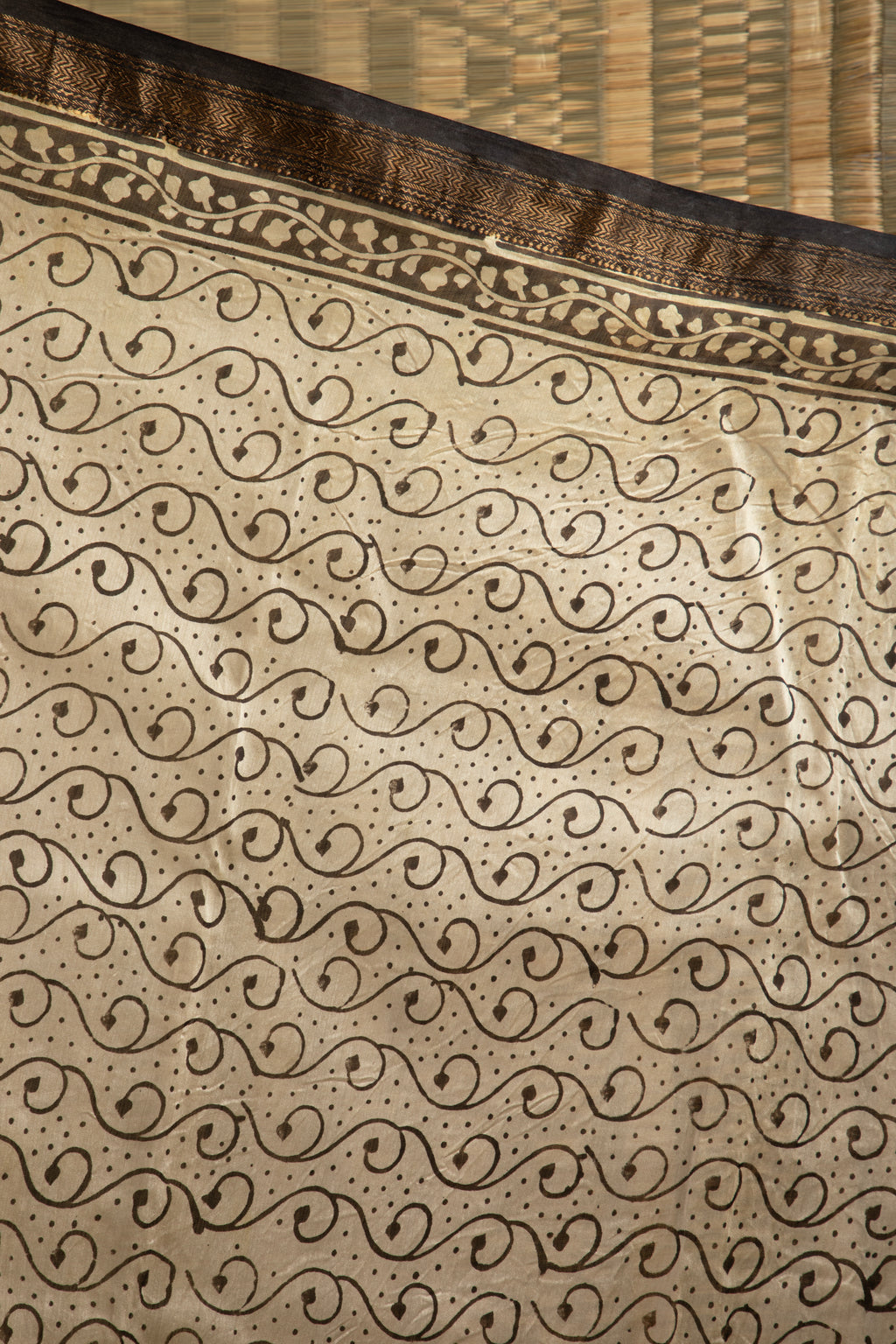 Striped black and beige silk cotton block print saree