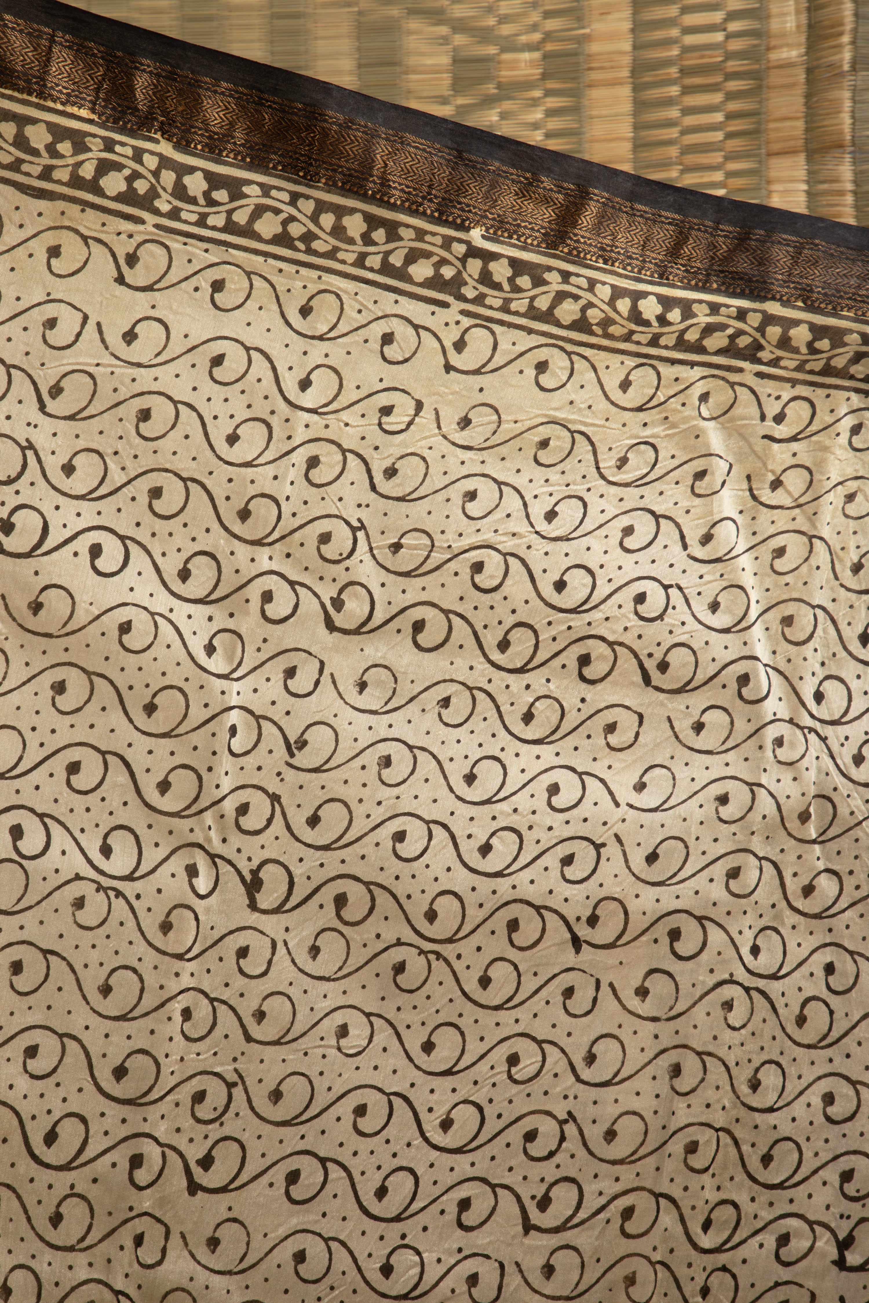 Striped black and beige silk cotton block print saree