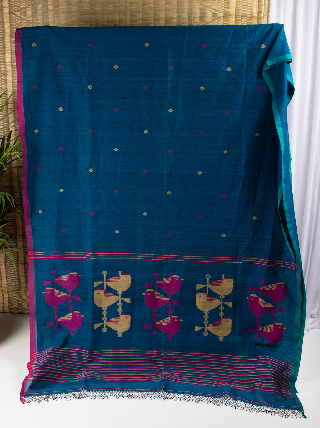 Blue cotton saree with bird motif