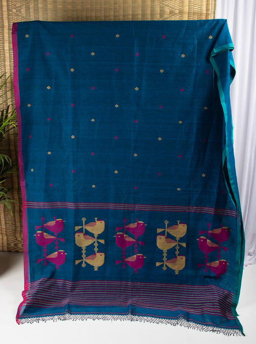 Blue cotton saree with bird motif
