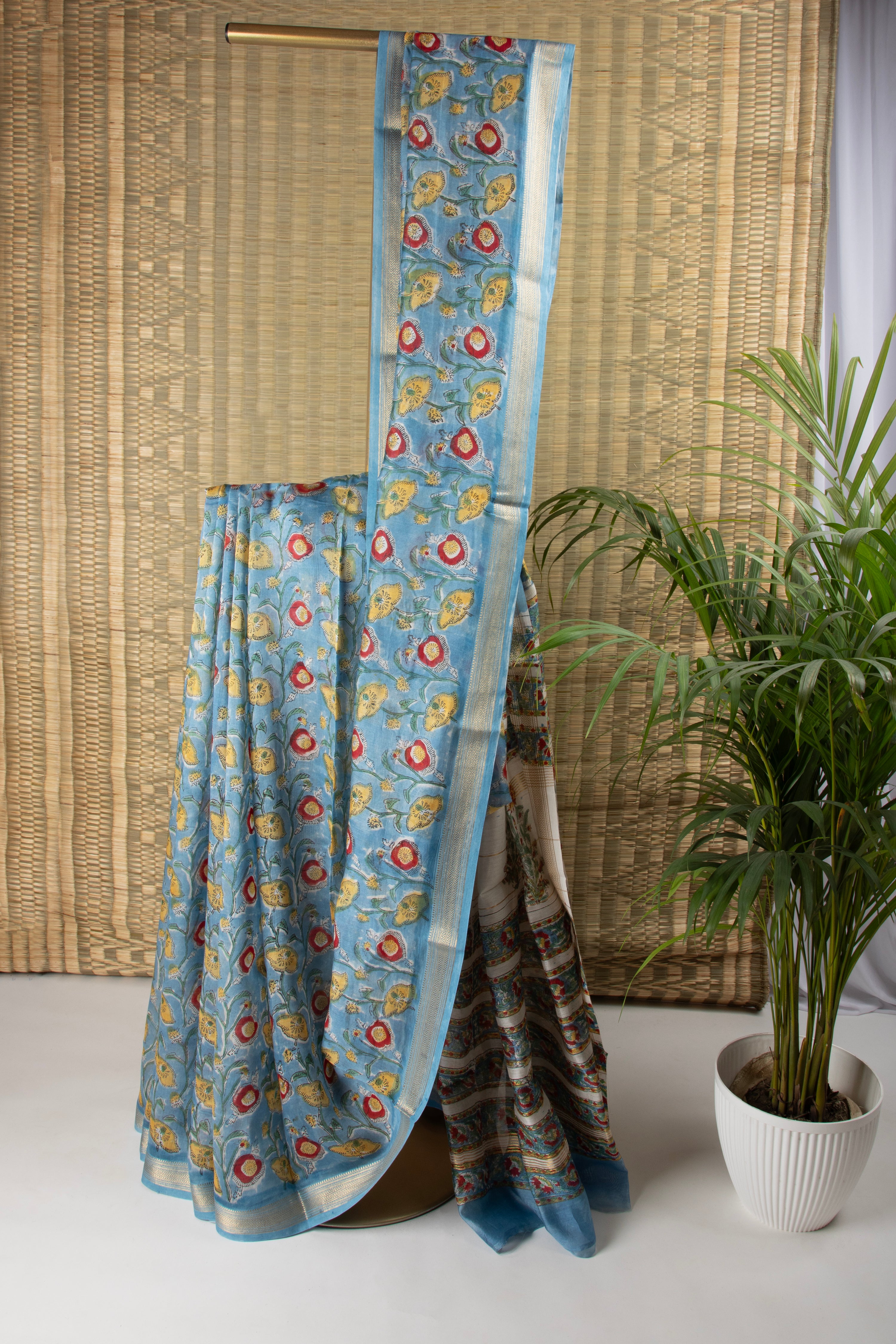 Blue floral silk cotton block print saree