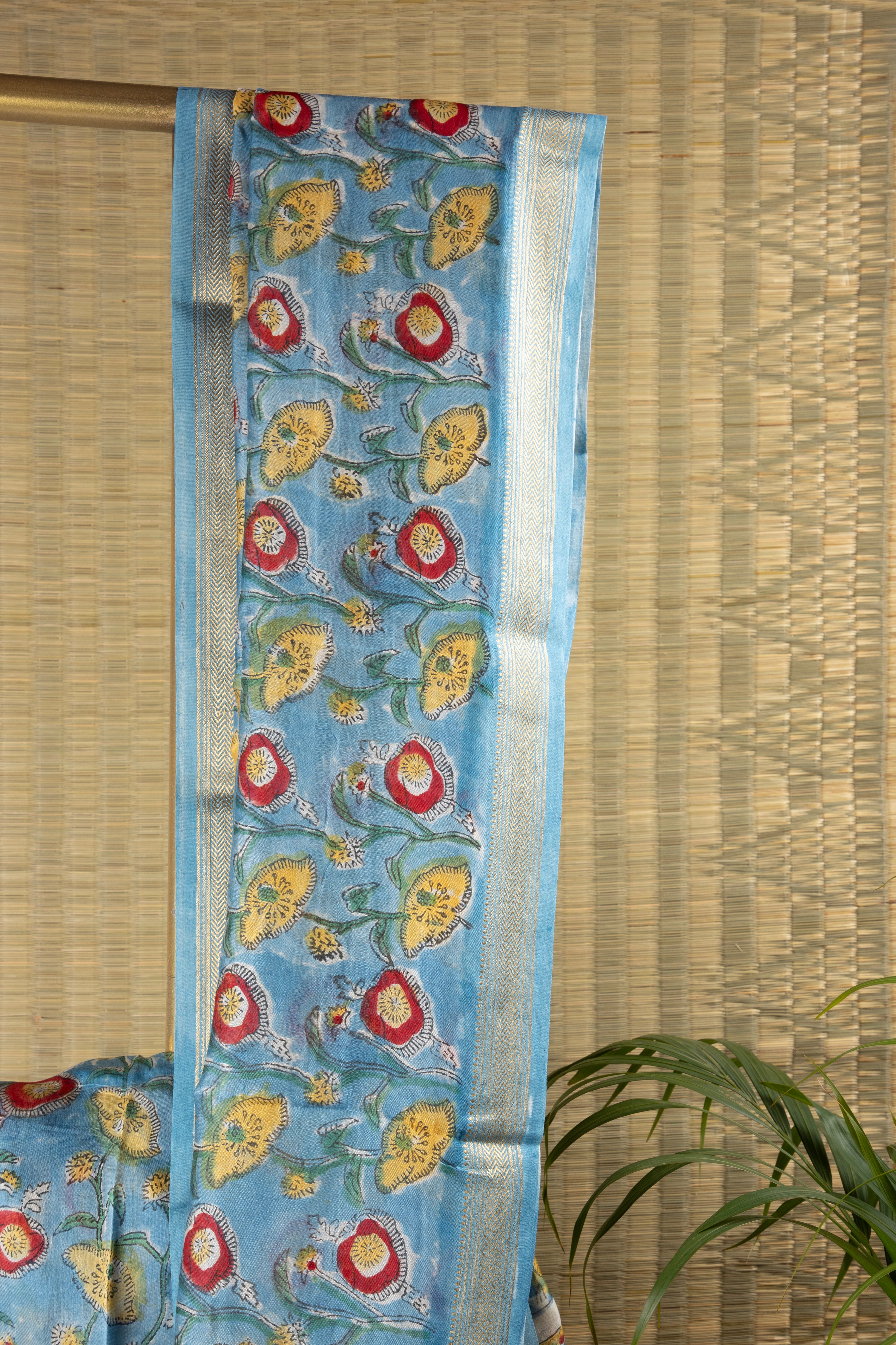 Blue floral silk cotton block print saree