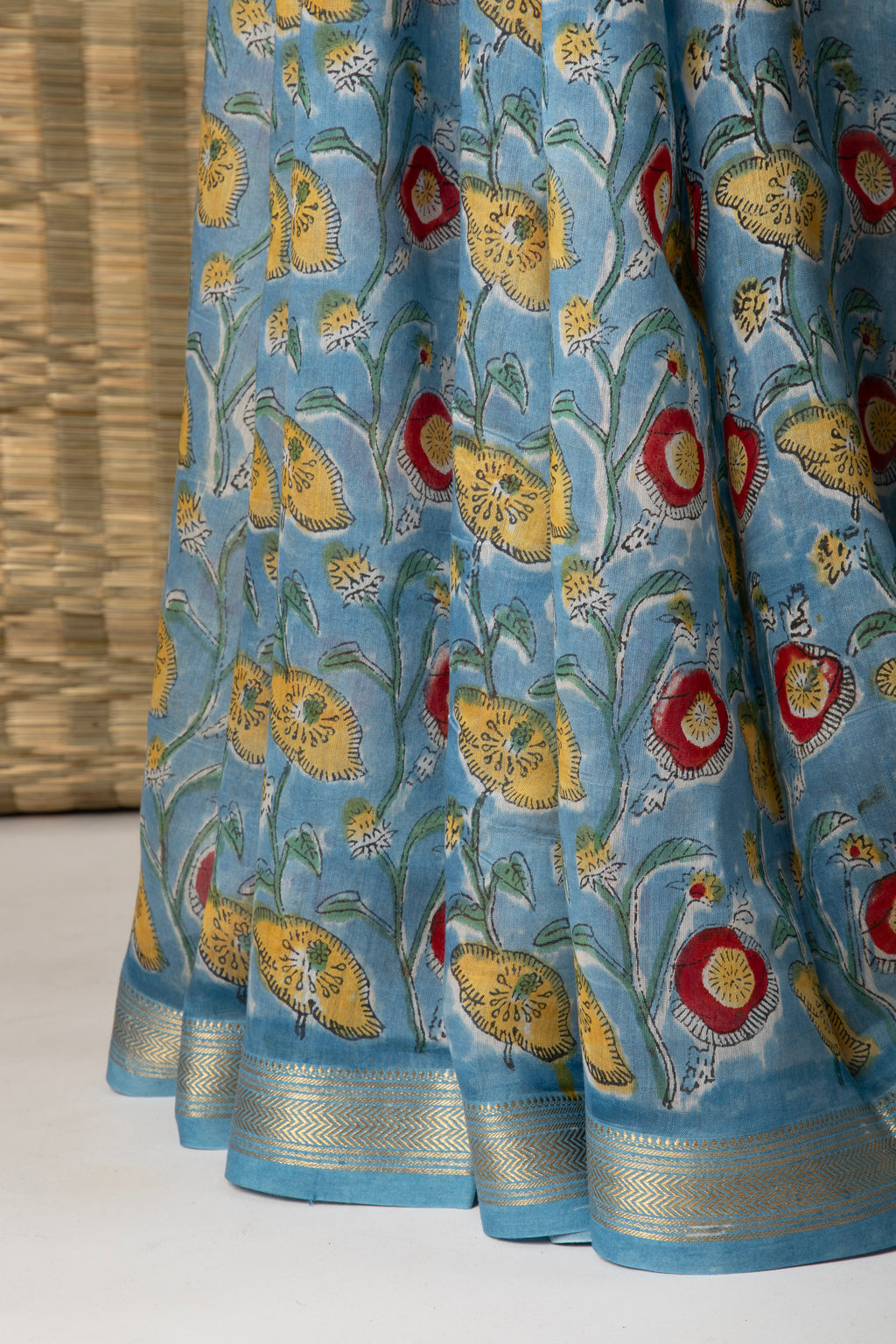 Blue floral silk cotton block print saree