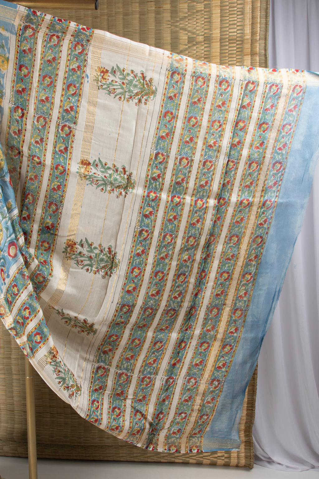 Blue floral silk cotton block print saree