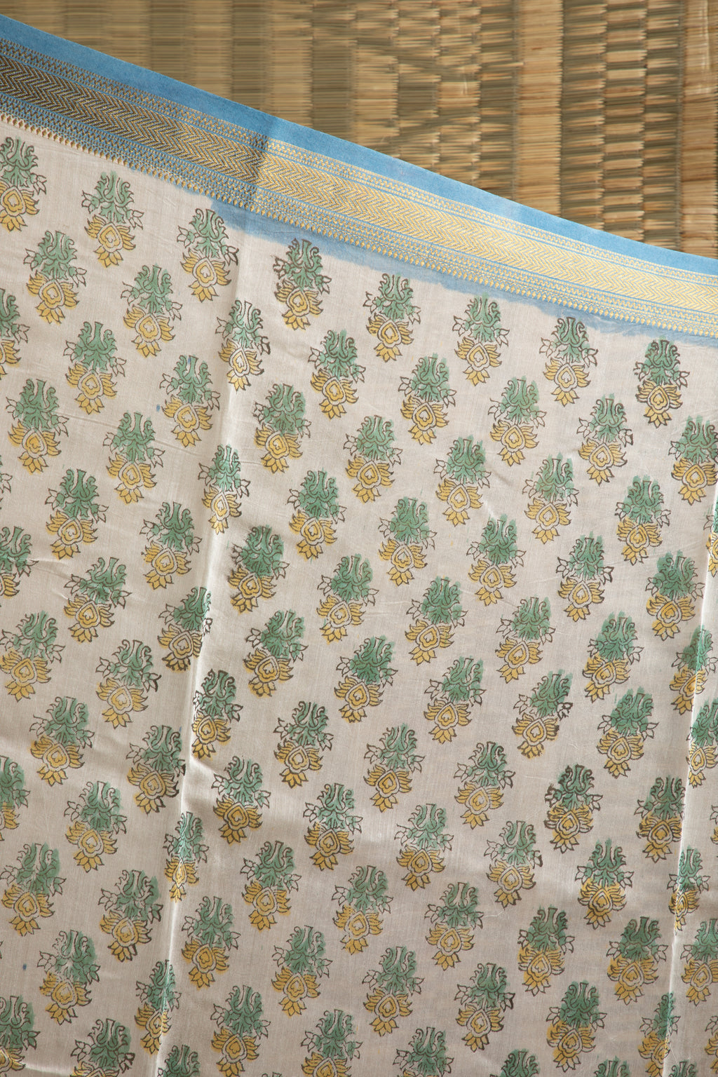 Blue floral silk cotton block print saree